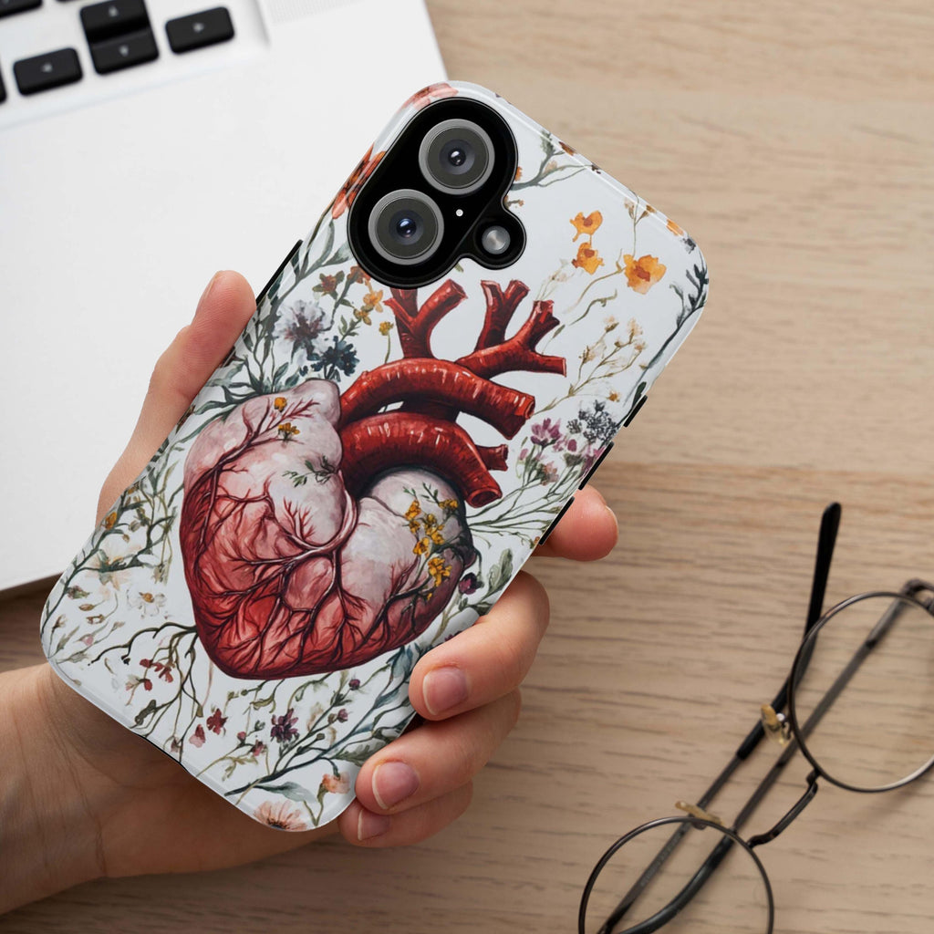 Floral Anatomy Heart Phone Case, Anatomical Art Design, Floral Human Heart Phone Cover for iPhone 16 15 Pro Max Plus, Samsung S24, 435.11