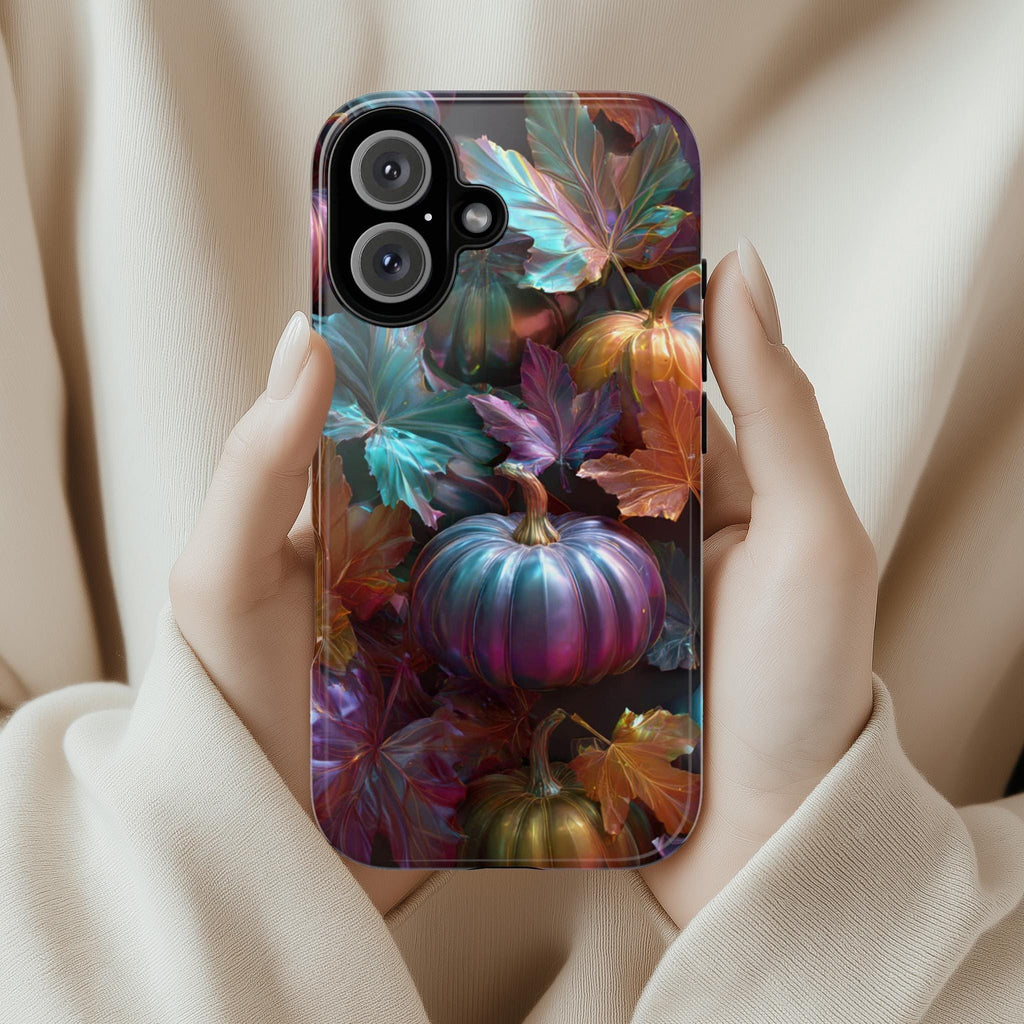 Shiny Halloween Pumpkin Phone Case with Autumn Leaves, Metallic Effect Seasonal Cover for iPhone 16 15 14 Tough or Magsafe, Samsung, 475.22