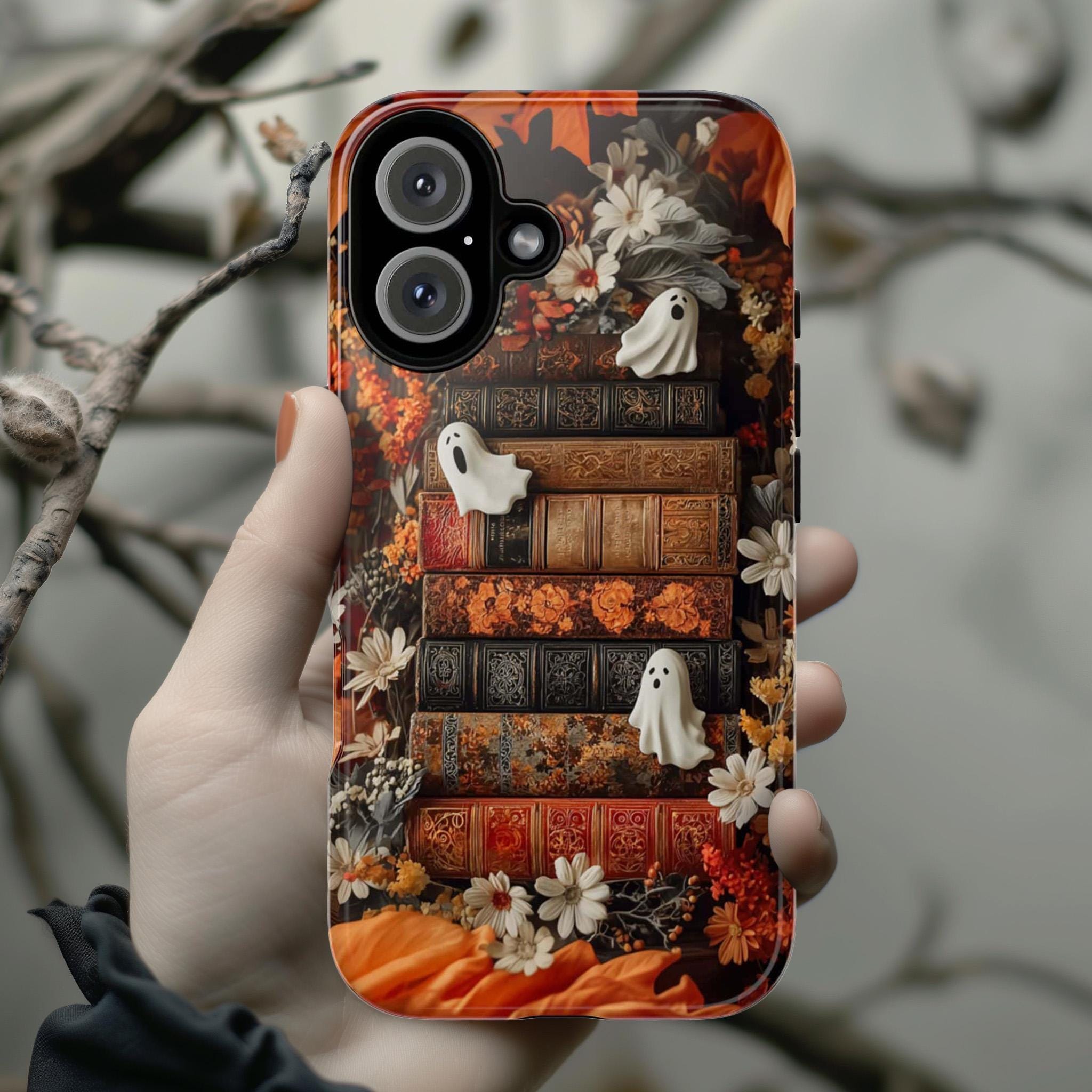 Cute Ghosts & Bookshelf Phone Case | Autumn Halloween Floral Case, Cozy Spooky Cover for iPhone 16 15 Tough or Magsafe, Samsung, 475.24