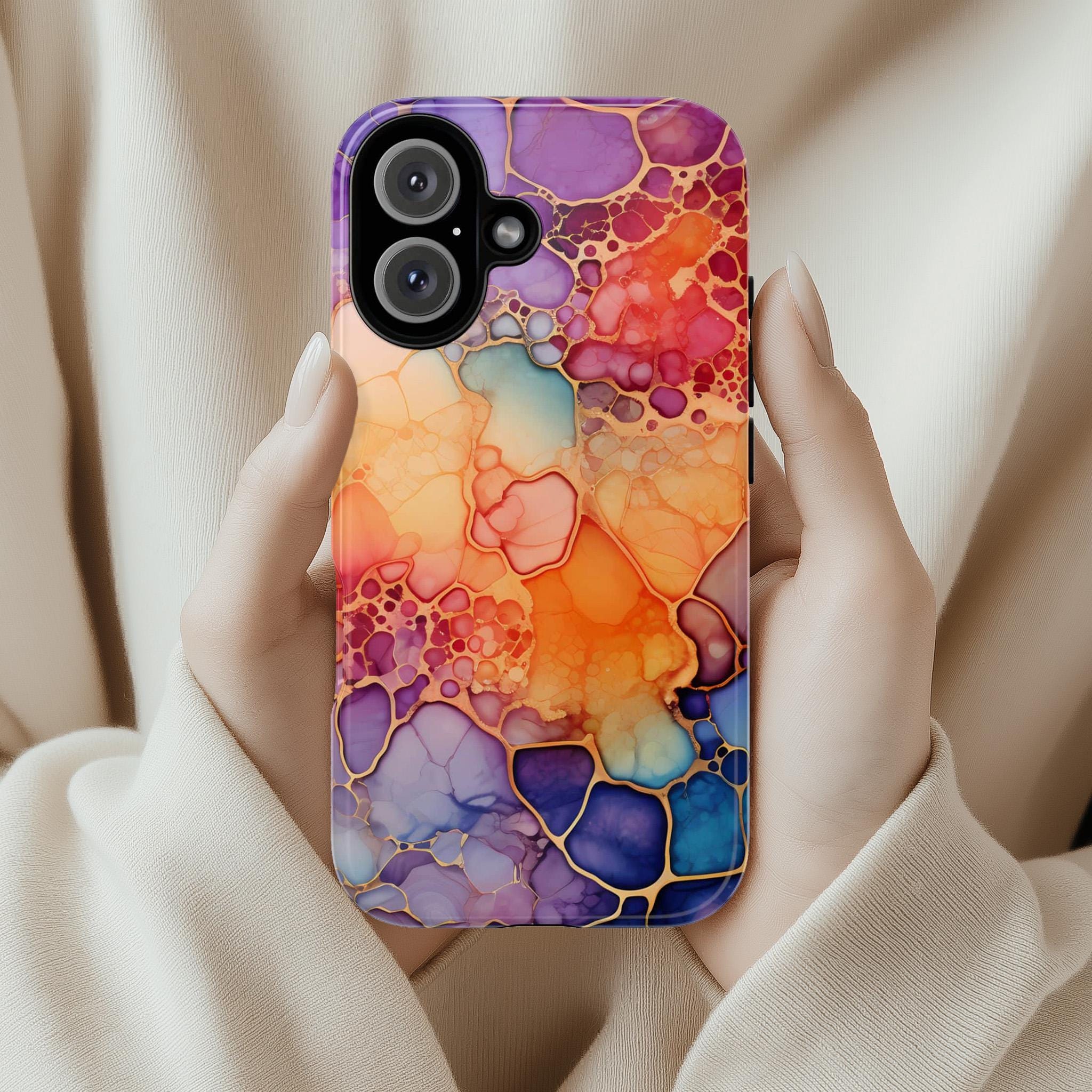 Rainbow Ink Pattern Phone Case, Colorful Phone Cover, Alcoholic Ink Case for iPhone 15 14 13 Pro Max Plus, Samsung Galaxy S23 S22, JAY0005