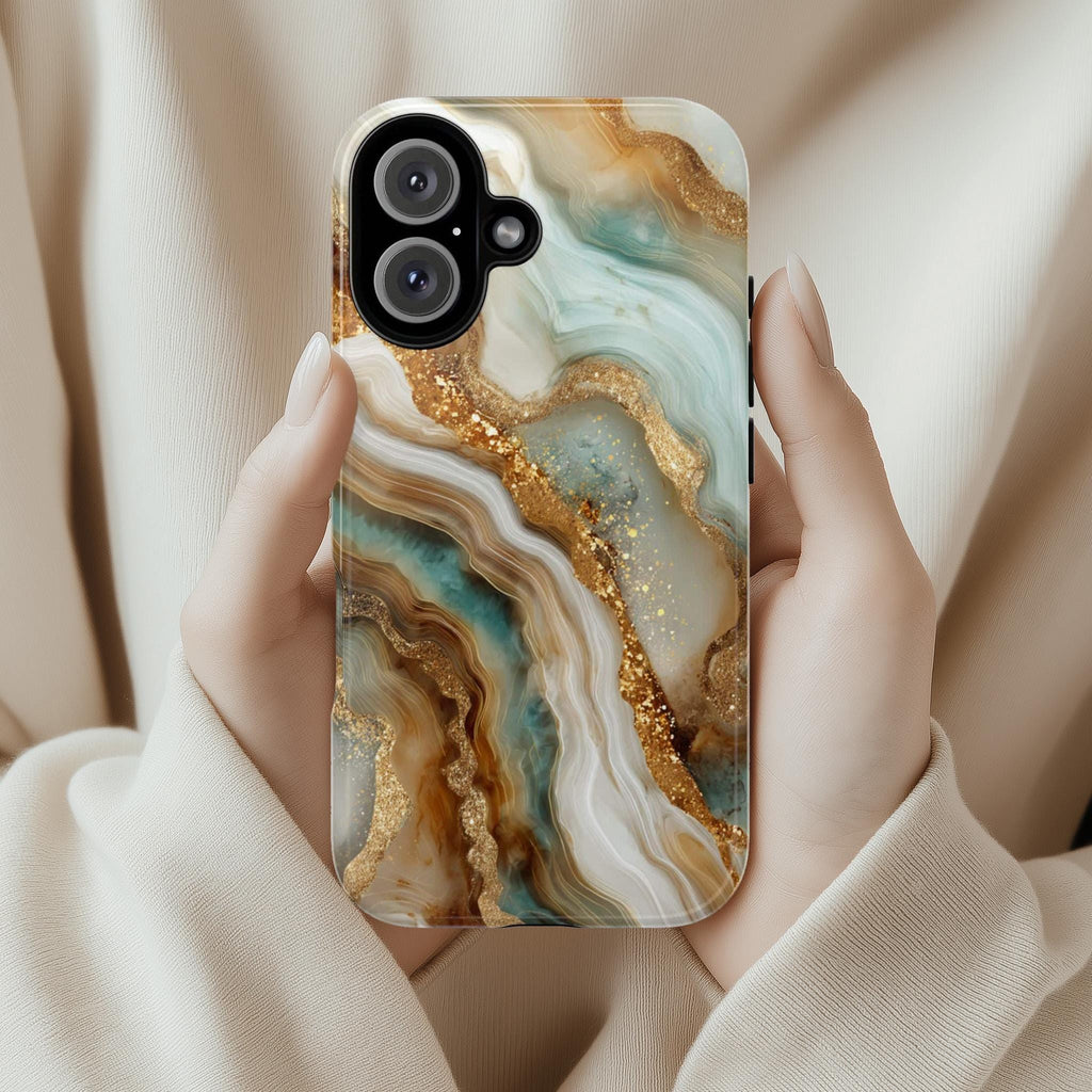 3D Marble Agate Phone Case, Luxury Gold & Mint Stone Cover, Stylish Gemstone Design for iPhone 17 16 15 Tough or Magsafe, Samsung, 479.10
