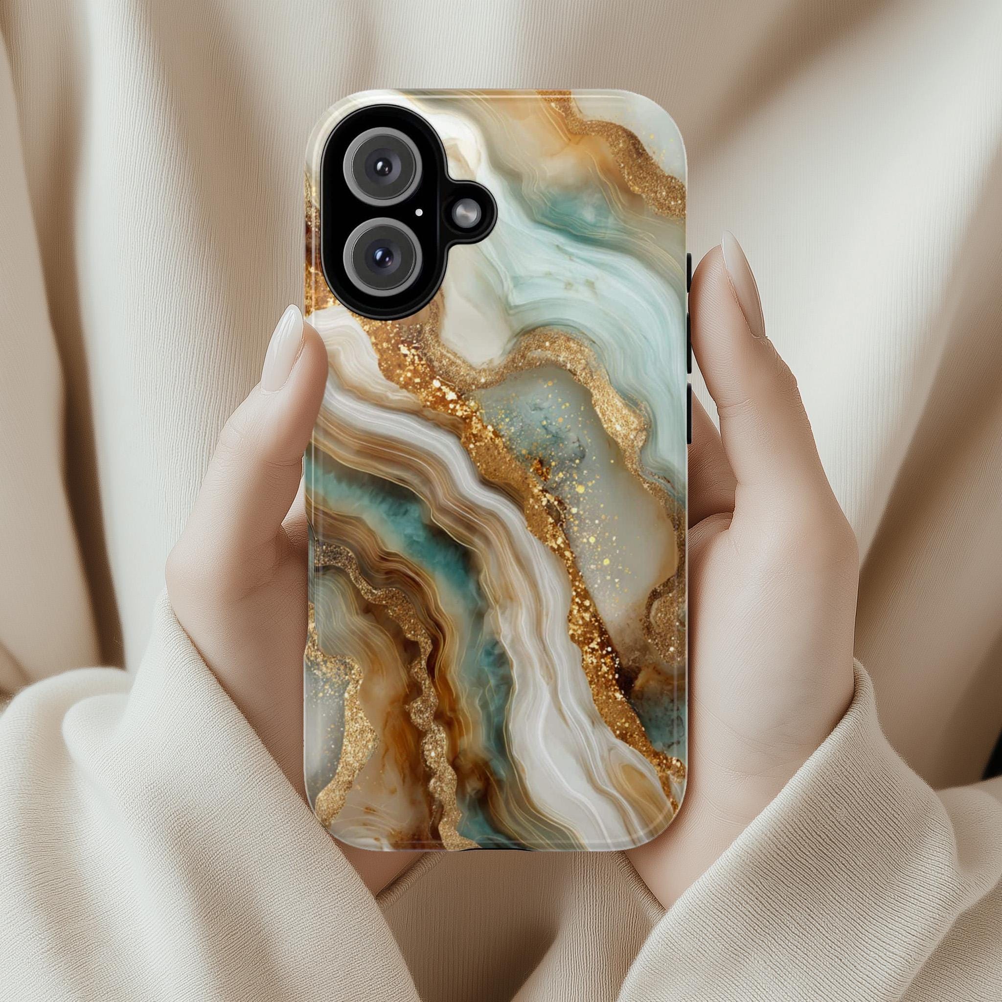 3D Marble Agate Phone Case, Luxury Gold & Mint Stone Cover, Stylish Gemstone Design for iPhone 17 16 15 Tough or Magsafe, Samsung, 479.10