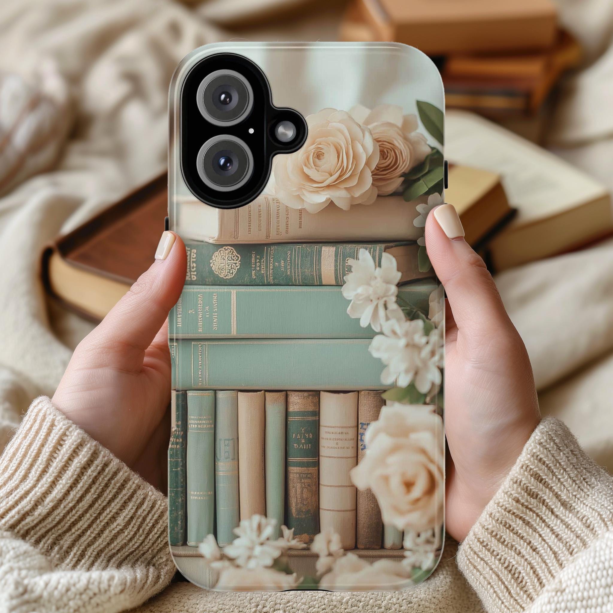 Vintage Bookshelf Floral Phone Case, 3D Rose and Pastel Books Design for iPhone Magsafe 16, 15, 14, 13 & Samsung, Pixel 9, 423.14