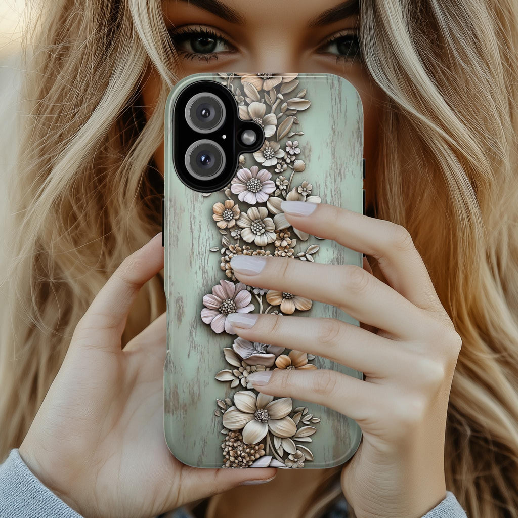 3D Rustic Beige Floral Phone Case, Pastel Artistic Wood Carved Look Design for iPhone 16 15 14 13 Tough or Magsafe, Samsung S24, 439.15