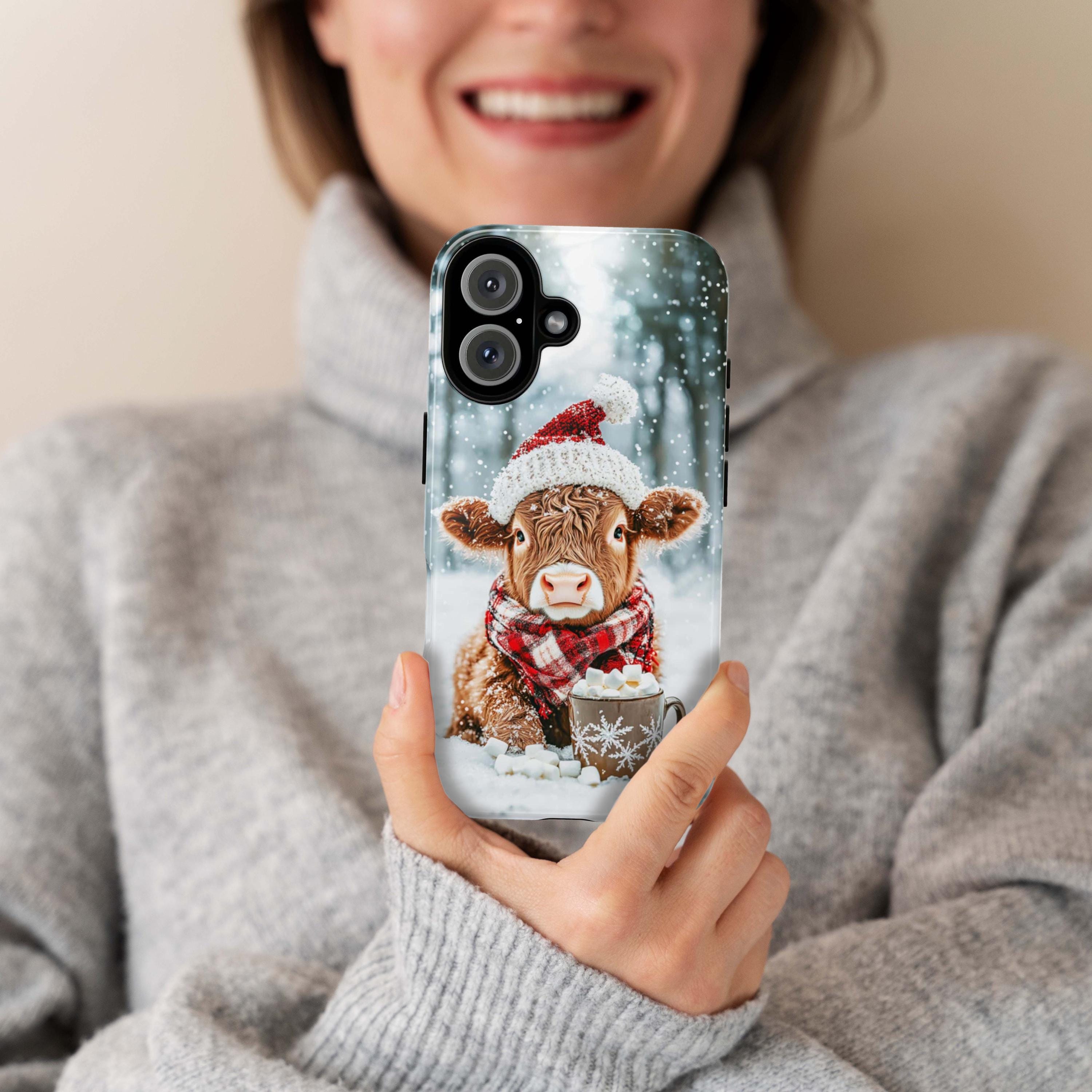 Christmas Highland Cow & Winter Forest Phone Case, Festive Xmas Hot Chocolate Marshmellow iPhone 16 15 14 13 Pro Max, Samsung S24, 440.4