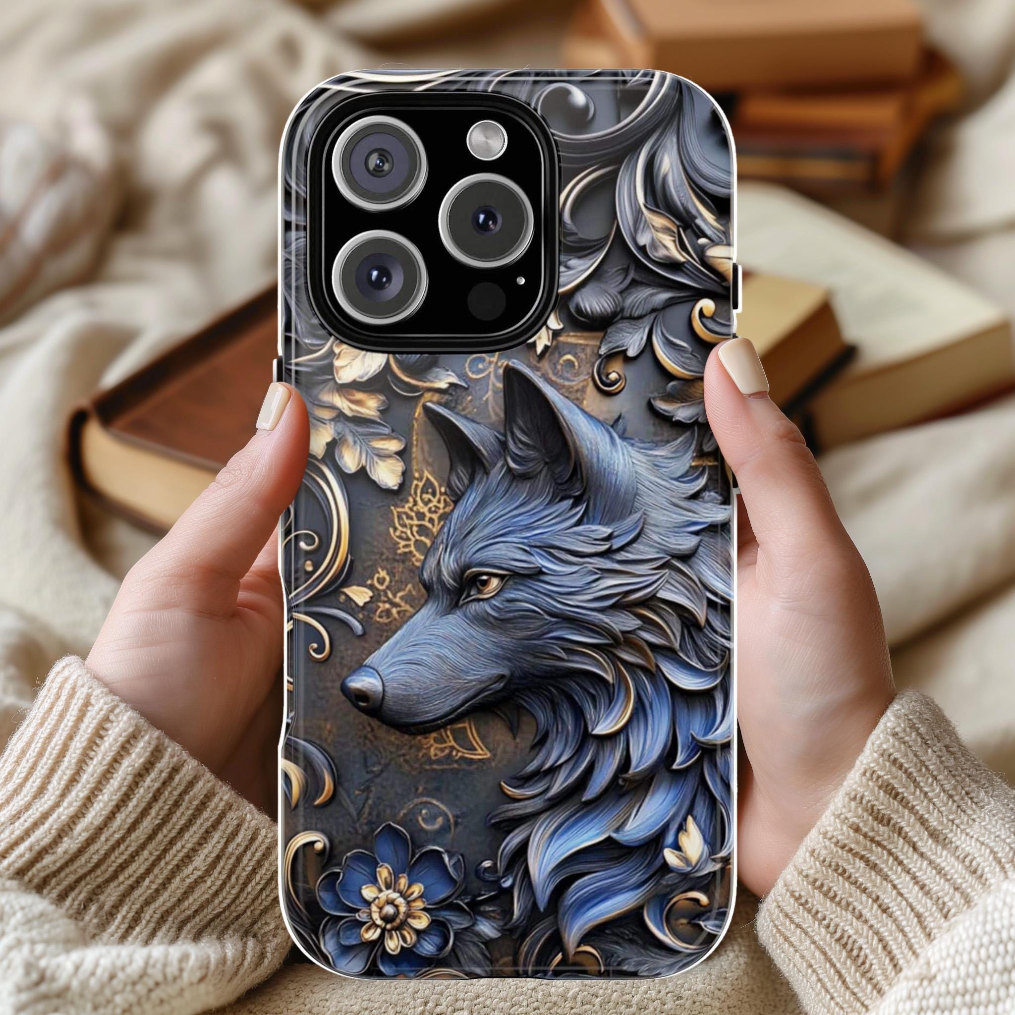 3D Dark Gothic Fantasy Wolf Phone Case, Gothic Floral Phone Cover for iPhone 16 15 14 13 Pro Magsafe Samsung Galaxy S24, 465.2