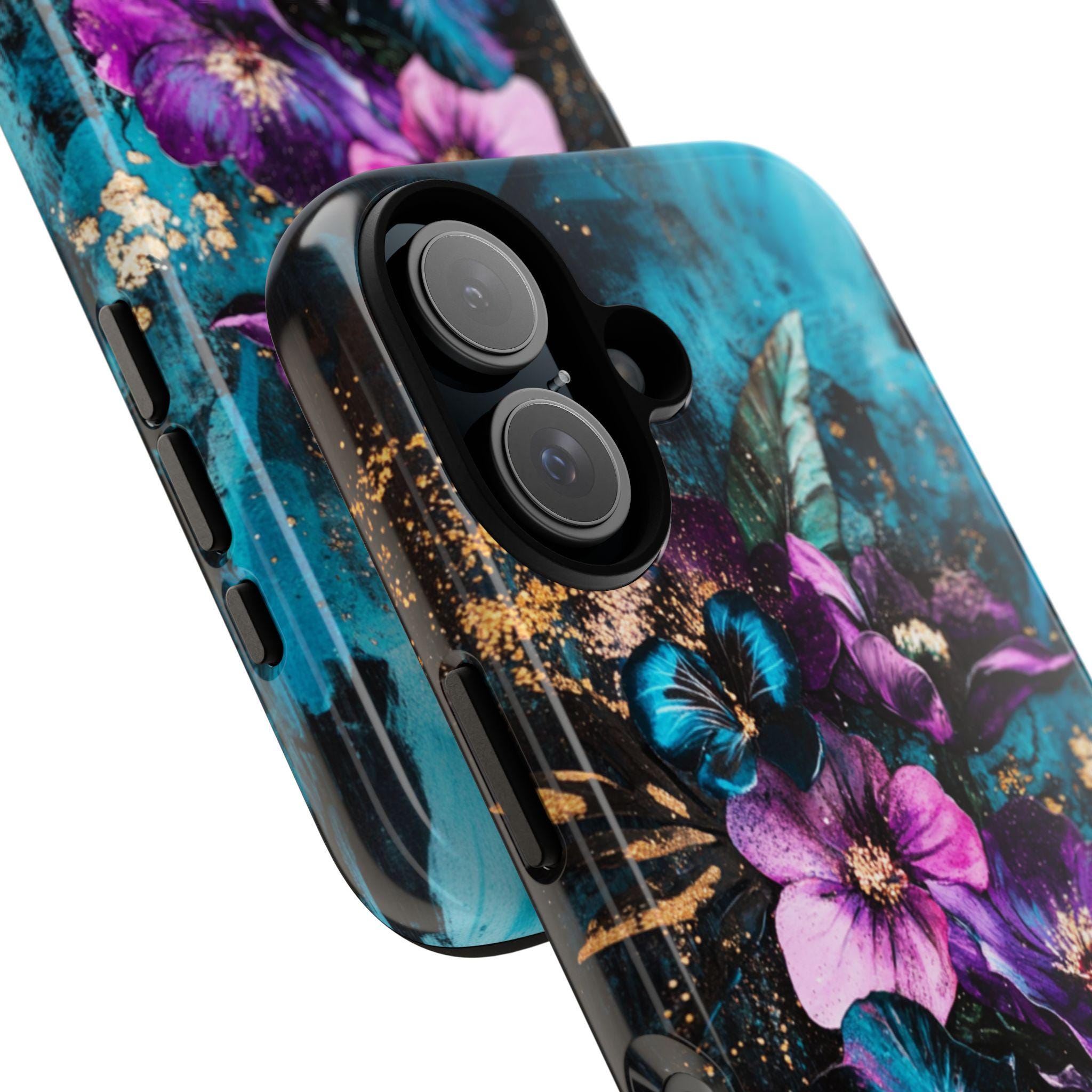 Purple Floral Art Phone Case, Glitter Blossom Painted Design, Teal Floral Case iPhone 16 15 14 13 Pro Max Plus Magsafe, Samsung S24, 436.1