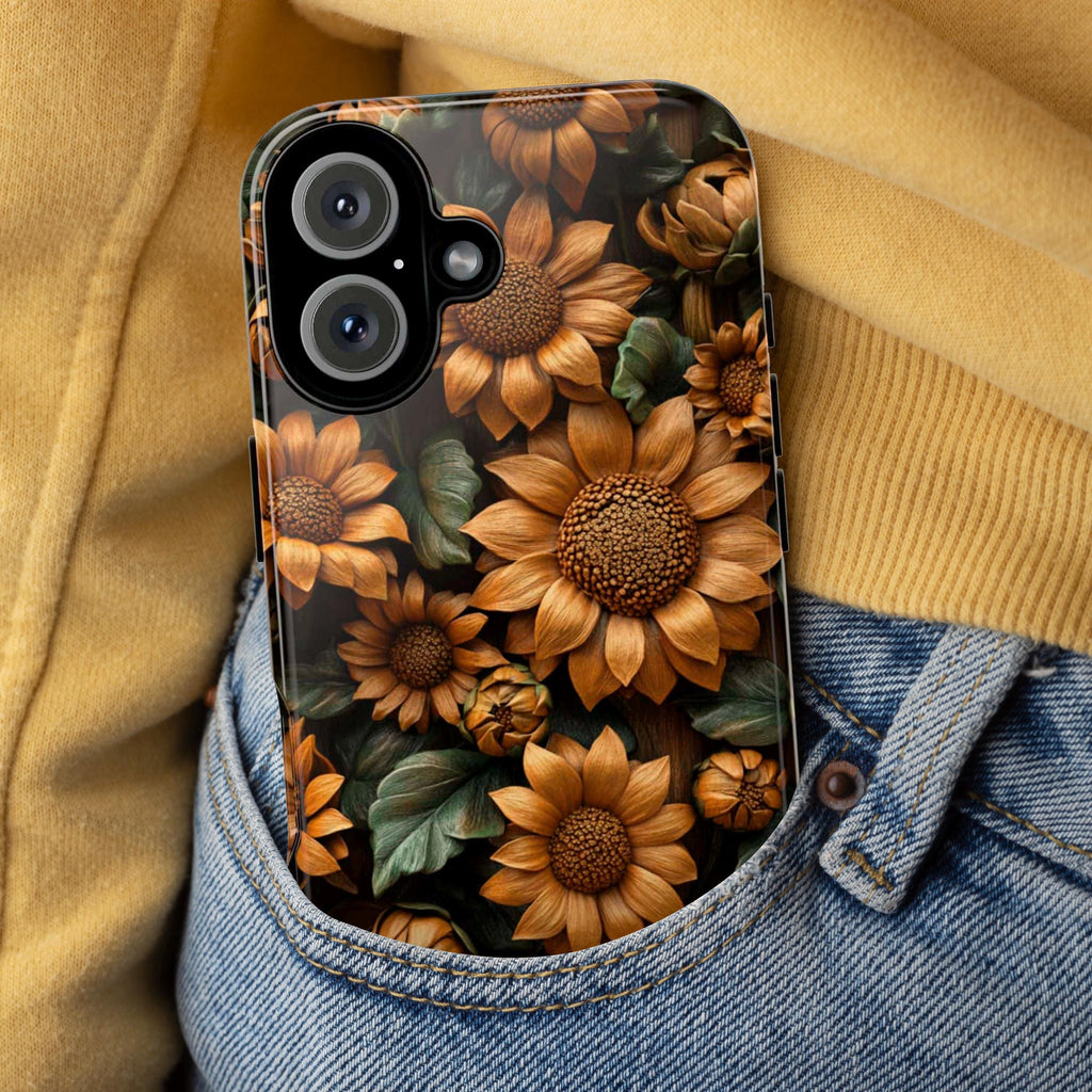 3D Sunflowers Wood Carved Flowers Phone Case, Floral Artistic Protective Cover for iPhone 16, 15, 14, 13 Magsafe & Samsung, Pixel, 439.38