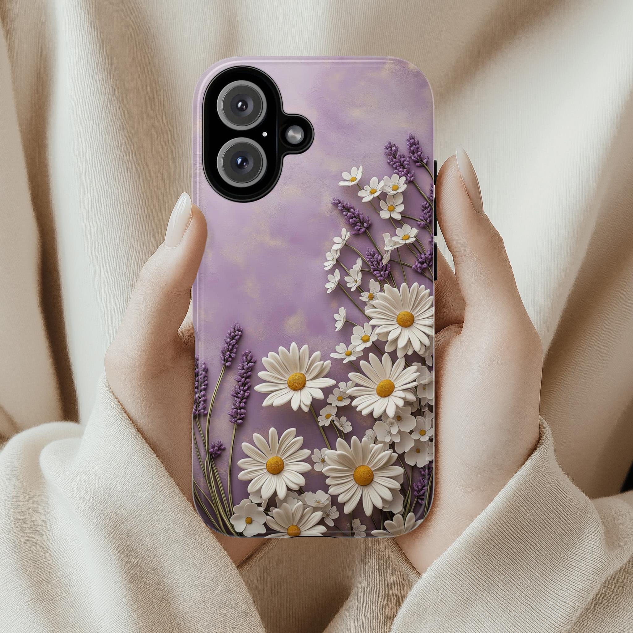 3D Floral Daisy and Lavender Phone Case, Pastel Purple Bloom Art Case for iPhone 16 15 14 13 Tough or Magsafe, Samsung S24, 439.19