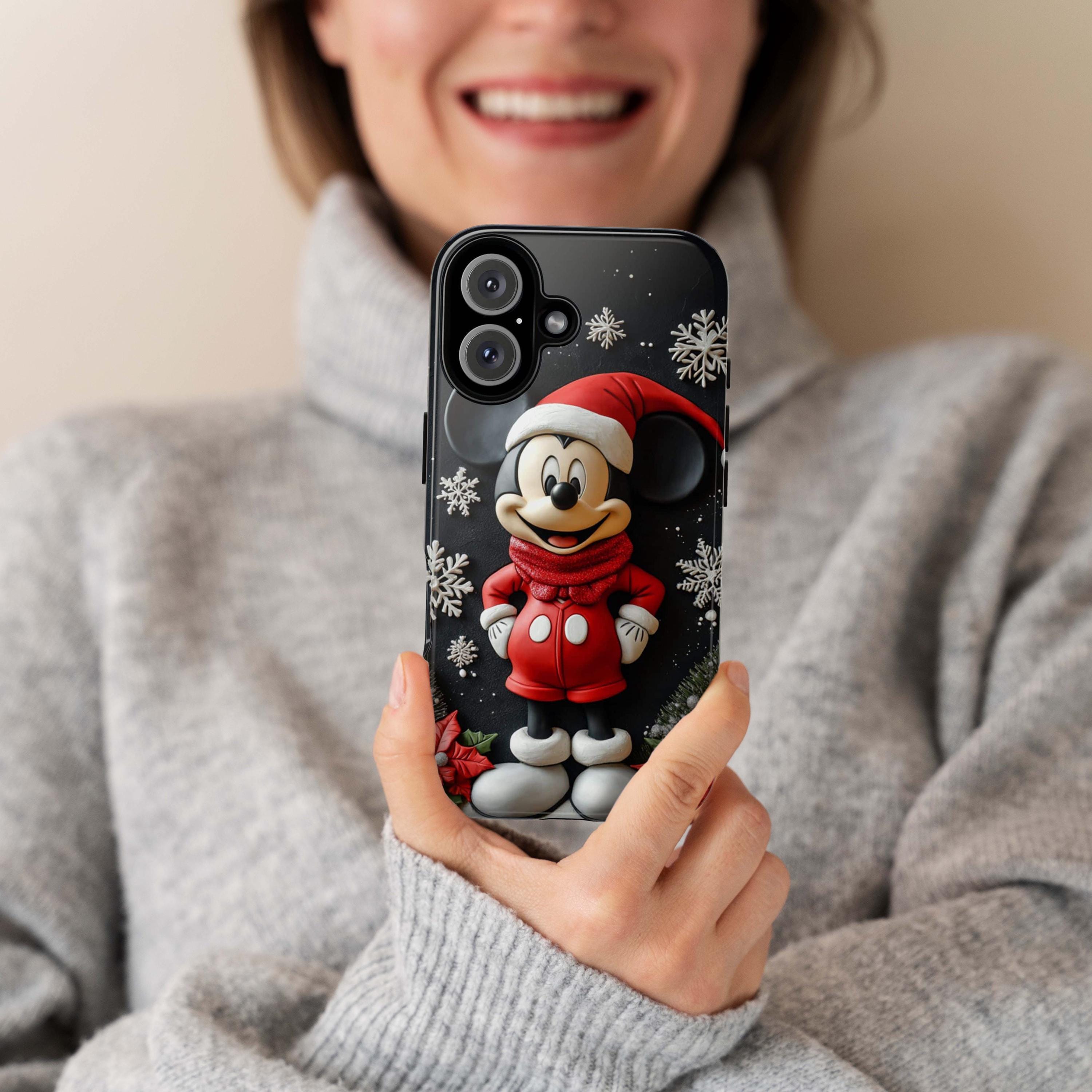 Santa Mickey Mouse 3D effect Phone Case, Cartoon Design, Disney Christmas Poinsettias Case for iPhone 16 15 Magsafe, Samsung S24, 442.23