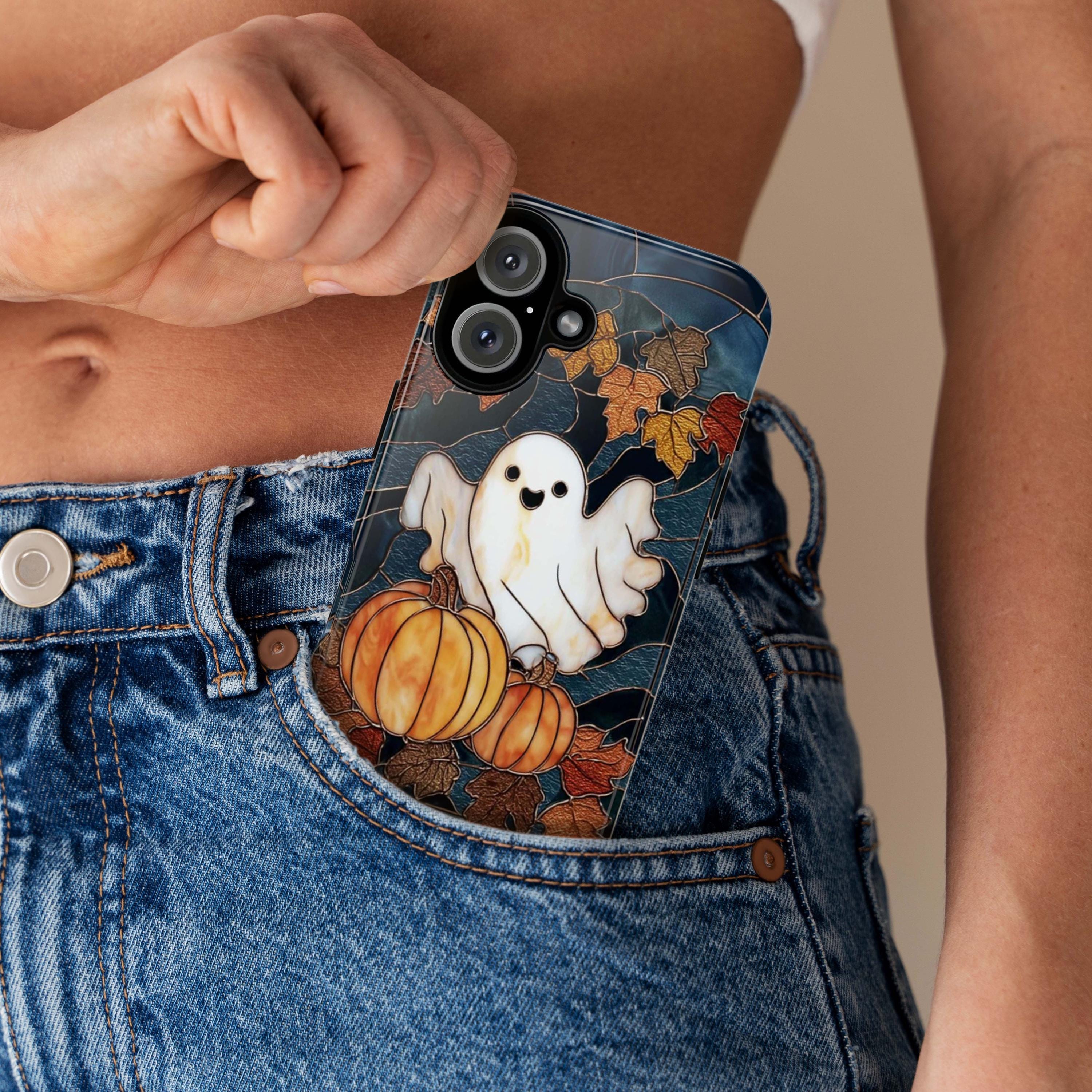 Spooky Fall Ghost & Pumpkin Phone Case | Cute Halloween Design Stained Glass Effect Cover for iPhone 16 15 Tough or Magsafe, Samsung, 475.25