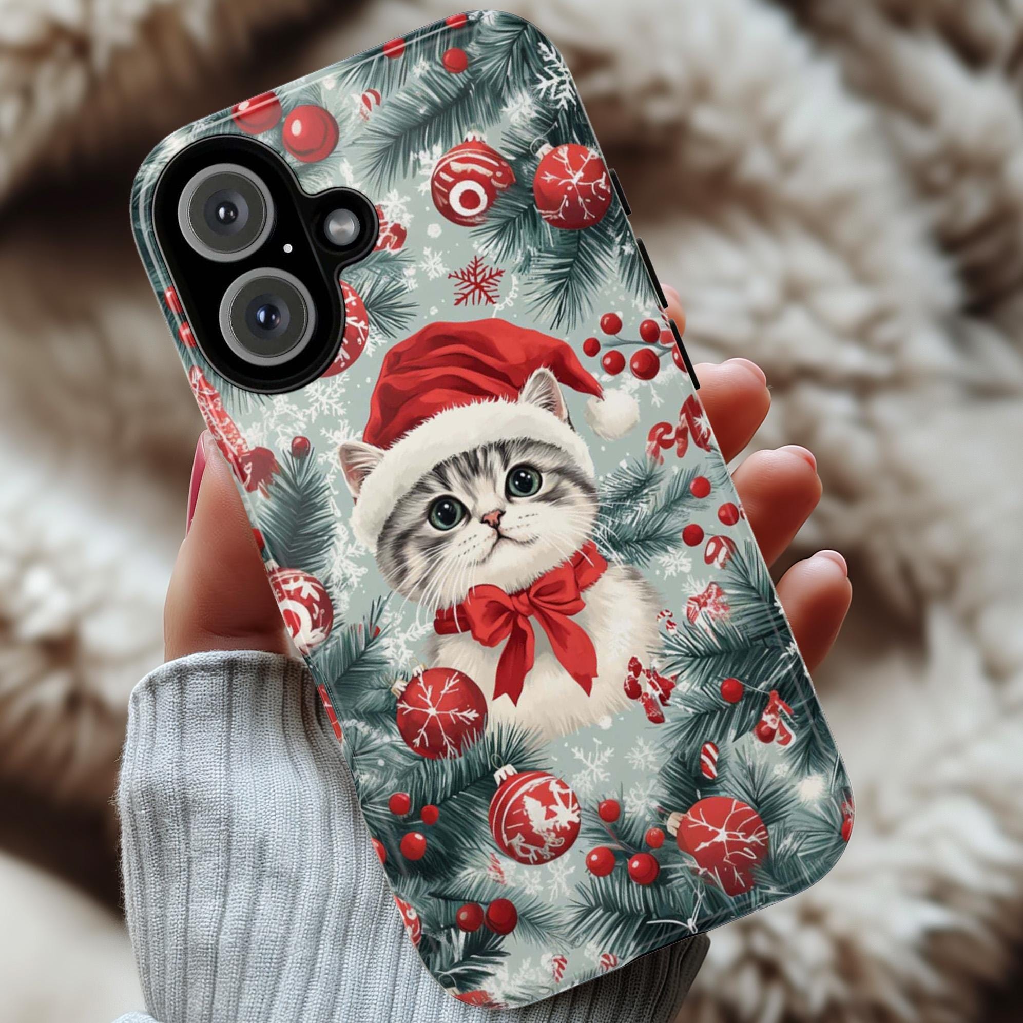 Christmas Cat Phone Case with Ornaments, Cute Pastel Colors Holiday Cover for iPhone 16 15 14 Tough or Magsafe, Samsung, 431.4