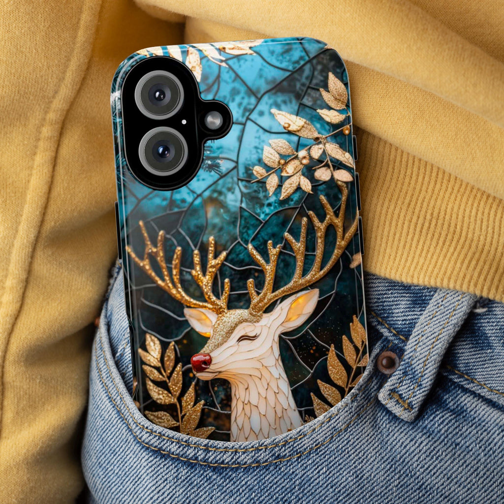 Cozy Stained Glass Reindeer Christmas Phone Case, Gold Silver Xmas MagSafe for iPhone 16 15 14 13 Pro Max Plus, Samsung S24 Ultra, 420.13