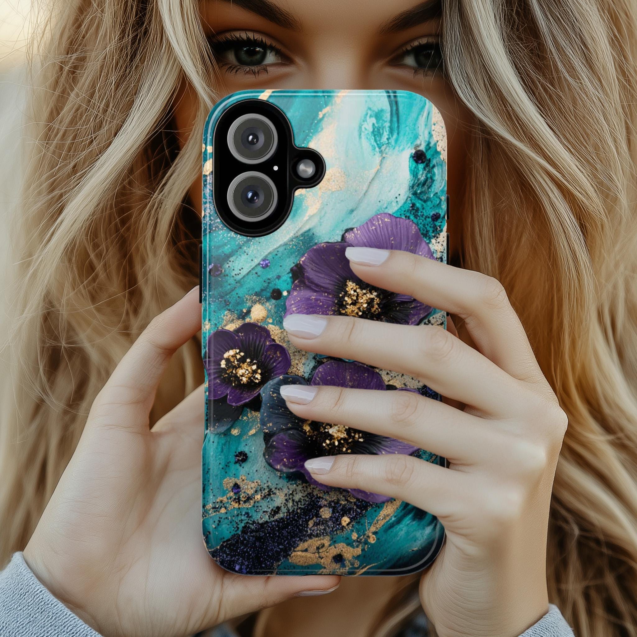 Purple 3D Floral Art Phone Case, Glitter Bloom 3D Design, Teal Floral Garden Case for iPhone 16 15 14 13 Pro Max Magsafe, Samsung S24, 436.2