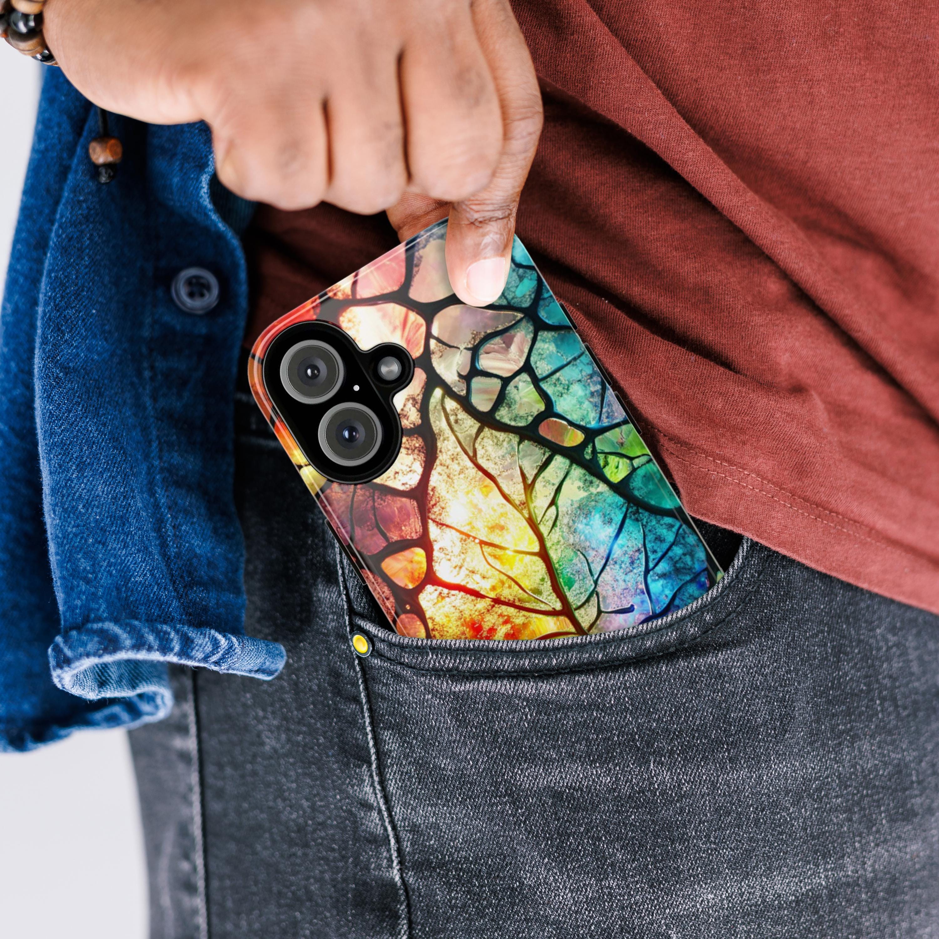 Stained Glass Rainbow Leaf Phone Case, Artistic Colorful Leaf Cover for iPhone iPhone 16, 15, 14, 13 Magsafe & Samsung, Pixel, 418.22