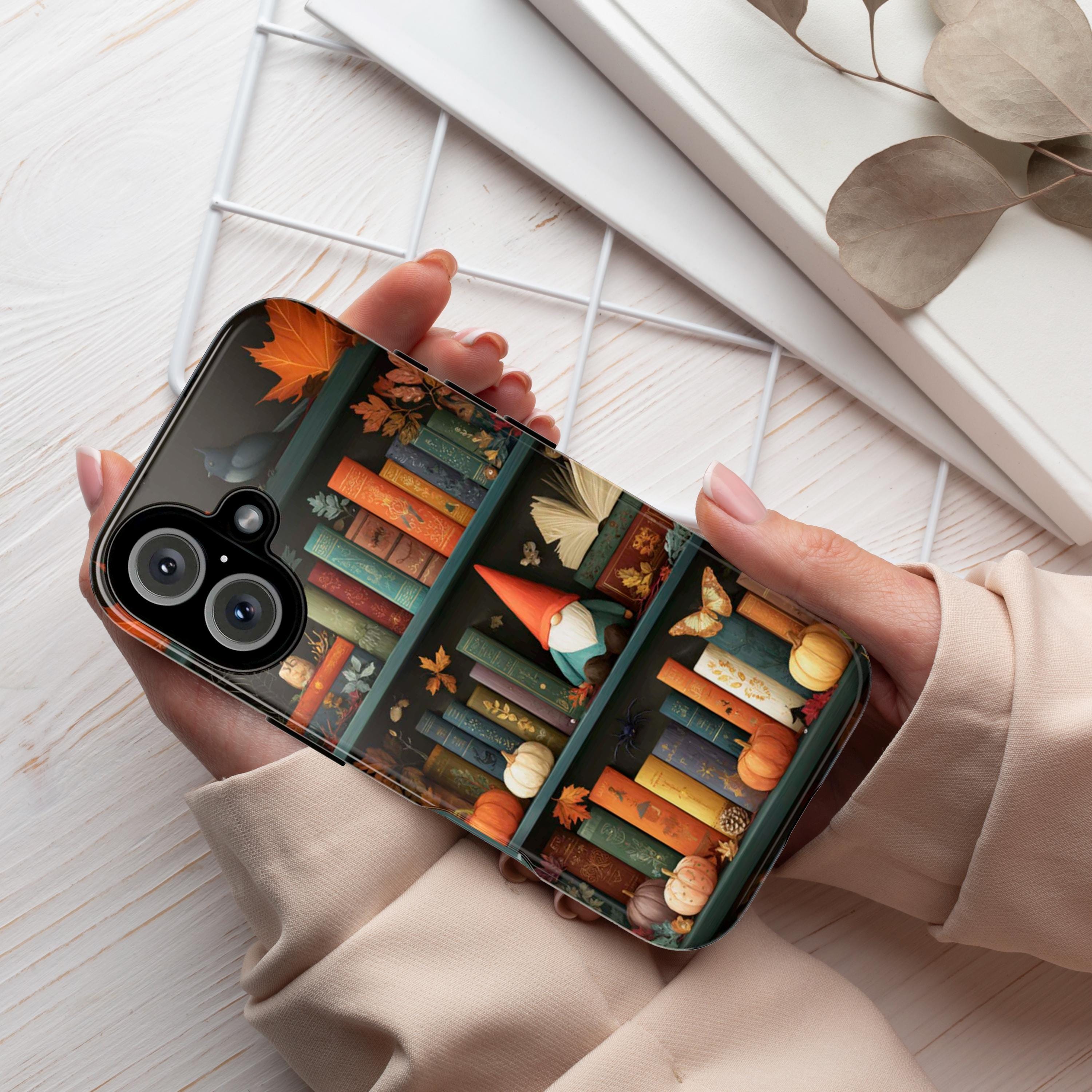 Library Gnome Fall Phone Case, Cute Halloween Gnome with Books, Book Lover Cover for iPhone 17 16 15 Tough or Magsafe, Samsung, 480.6
