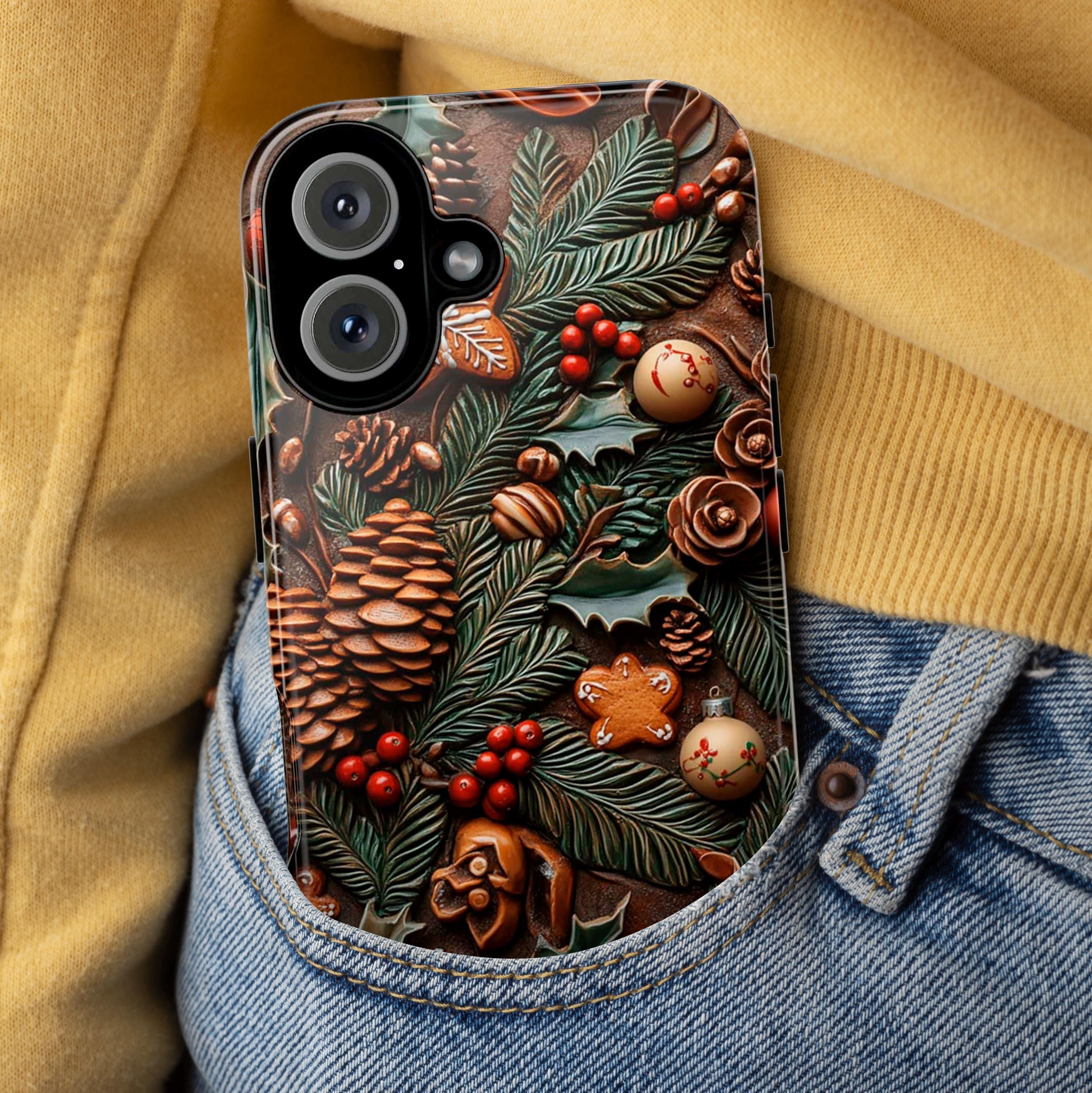 Pine Cone 3D Christmas Phone Case, Holiday Pine and Berry Design MagSafe for iPhone 16 15 14 13 Pro Max Plus, Samsung S25, Pixel 9, 433.3