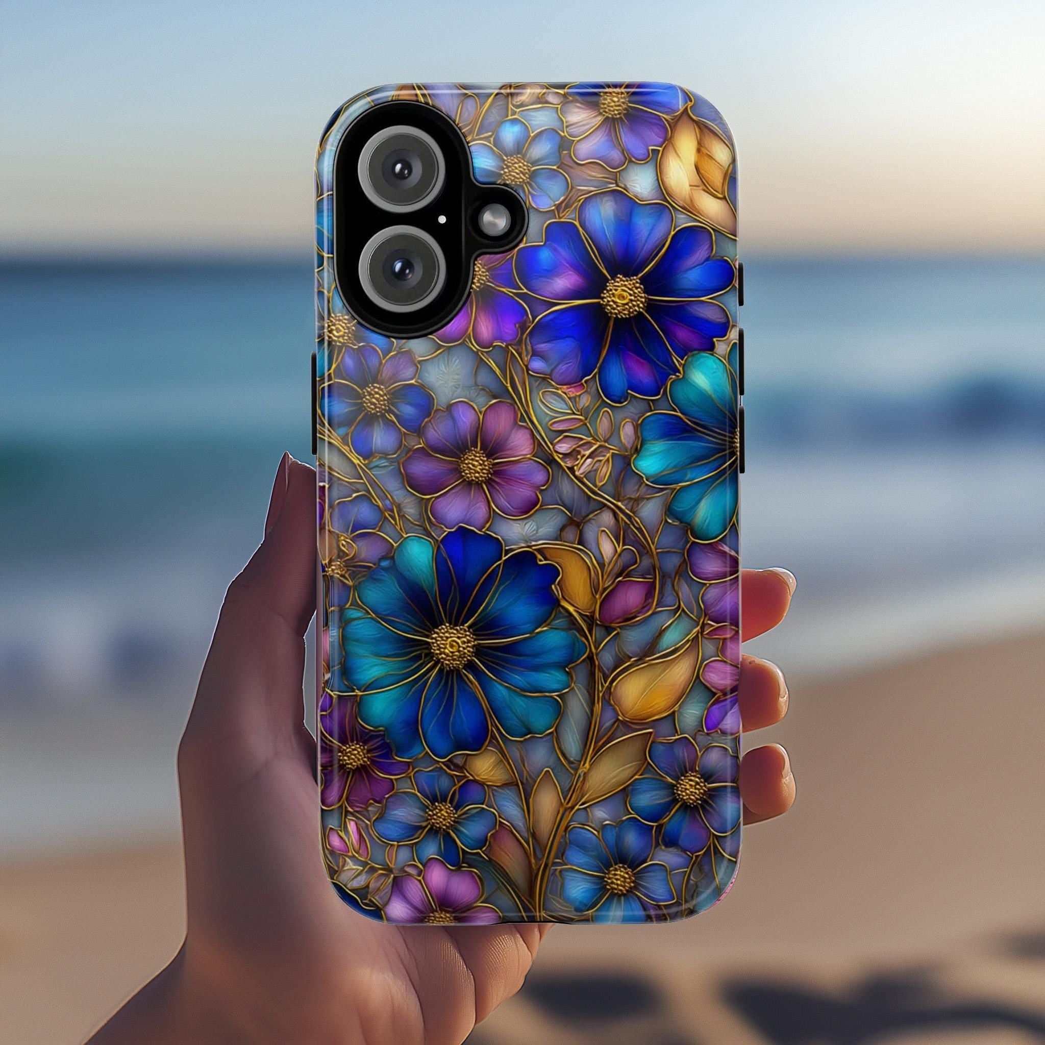 Stained Glass Effect Phone Case with Colorful Floral Design and Gold Accents, Vibrant Artistic Flower Cover for iPhone & Samsung, 478.3