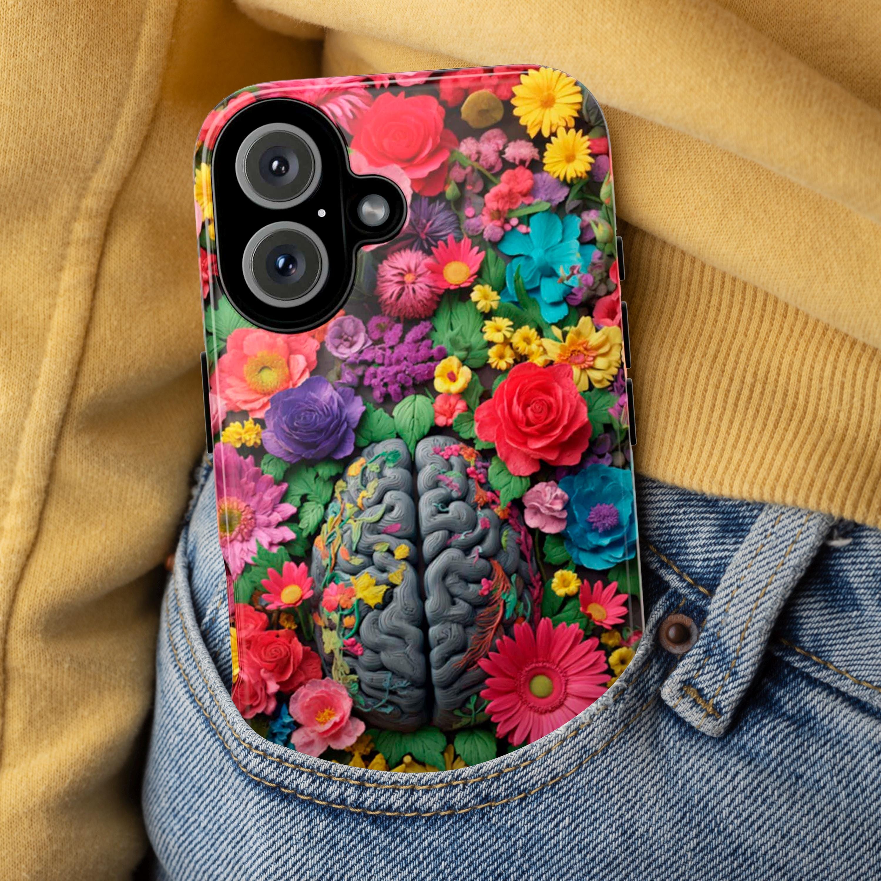 Vibrant Human Brain Floral Phone Case, Botanical Design with Daisies & Roses, Medical Case for iPhone 17 16 Tough or Magsafe, Samsung, 430.4