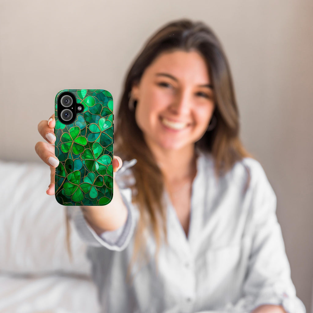 Stained Glass Shamrocks Phone Case, St Patrick's Day Irish Holiday Phone Cover for iPhone 16 15 14 13 Pro Magsafe Samsung Galaxy S24, 457,6