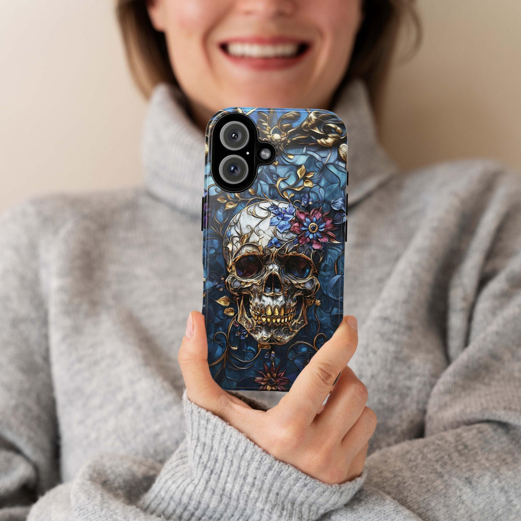 Stained Glass Dark Gothic Skull & Floral Phone Case, Dia de los Muertos Art Design Tough or Magsafe Phone Case for iPhone 16, Samsung, 465.5