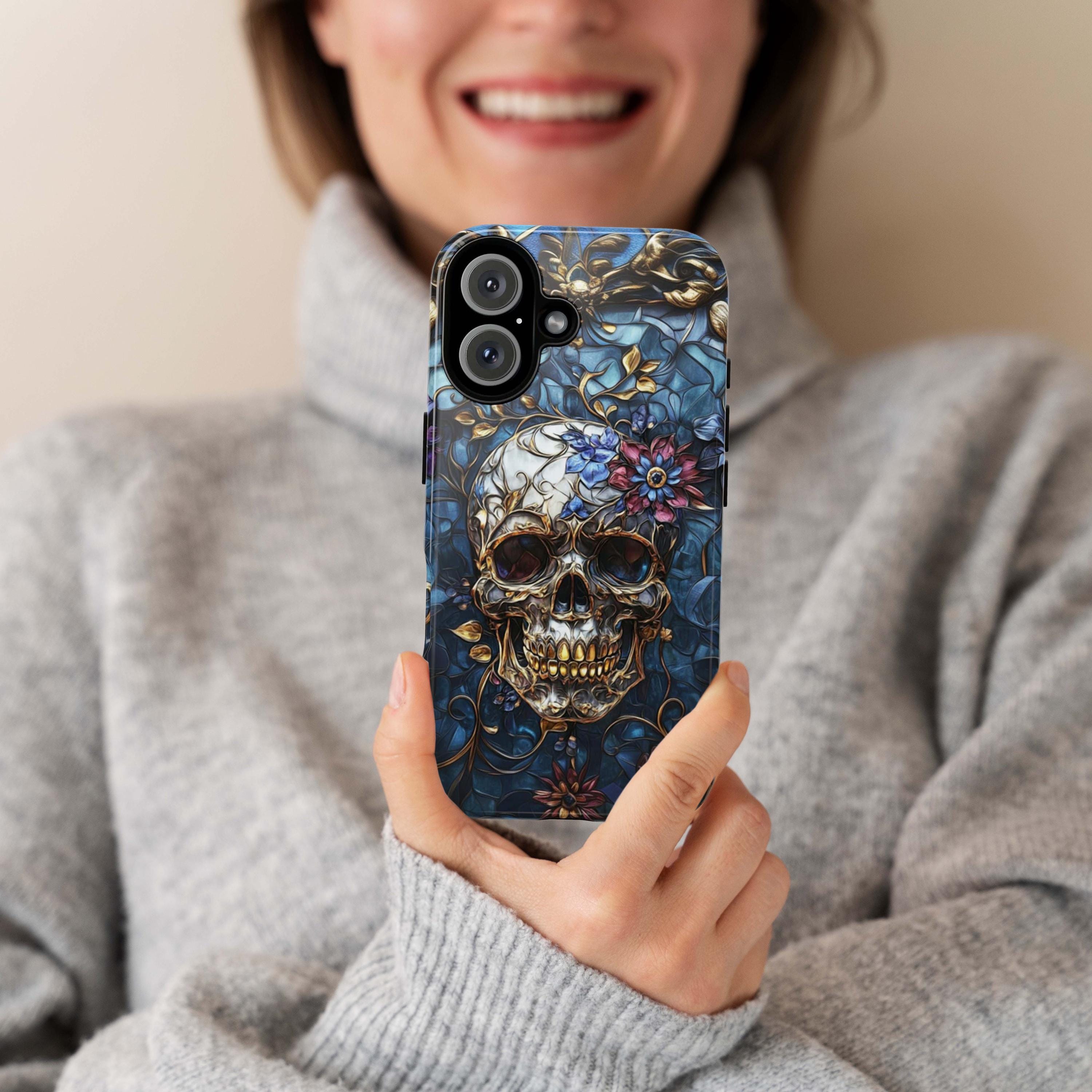 Stained Glass Dark Gothic Skull & Floral Phone Case, Dia de los Muertos Art Design Tough or Magsafe Phone Case for iPhone 16, Samsung, 465.5