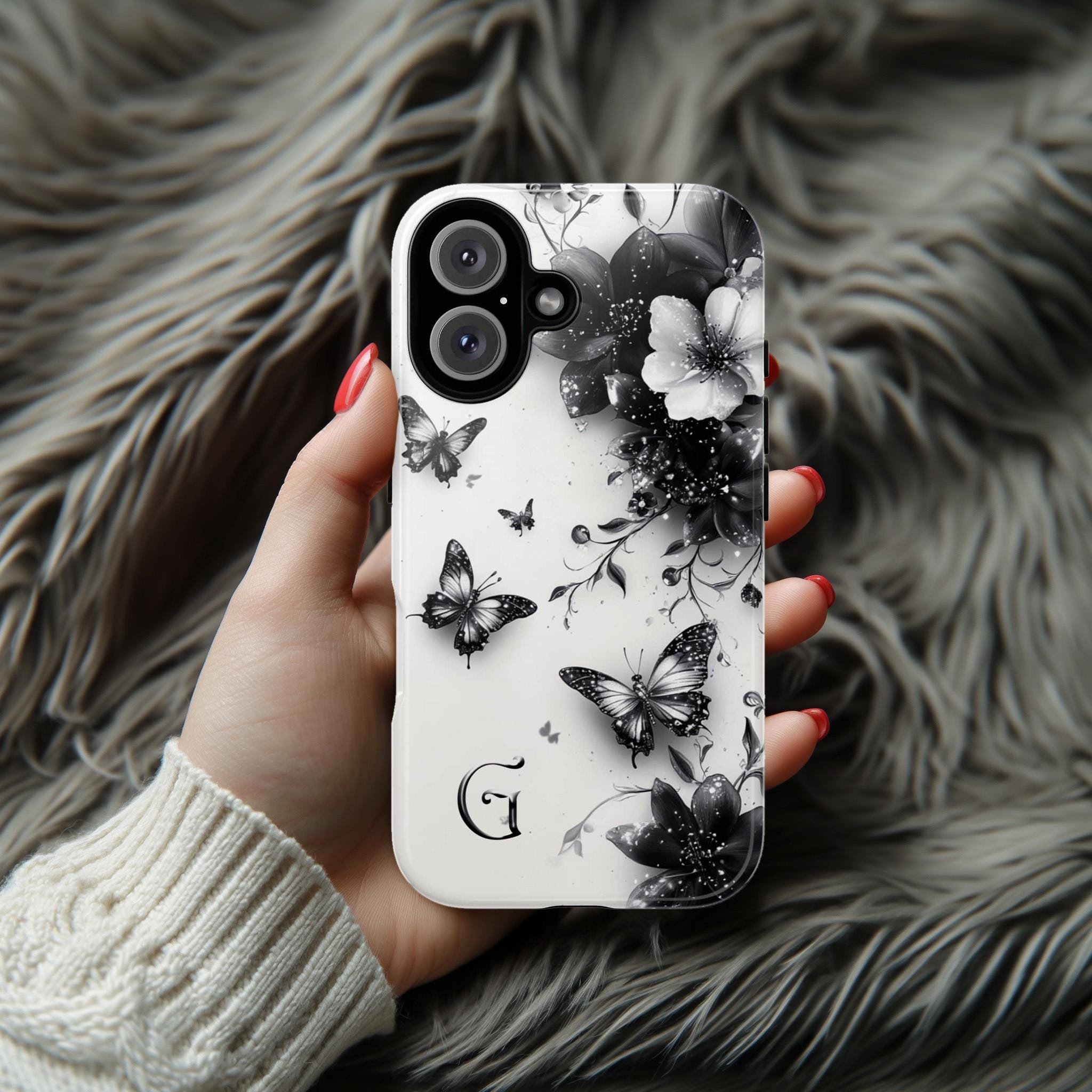 Black Floral Butterfly & Custom Monogram Phone Case, Personalized Monogrammed Design for iPhone 16 15 14 Tough or Magsafe, Samsung, 469.3