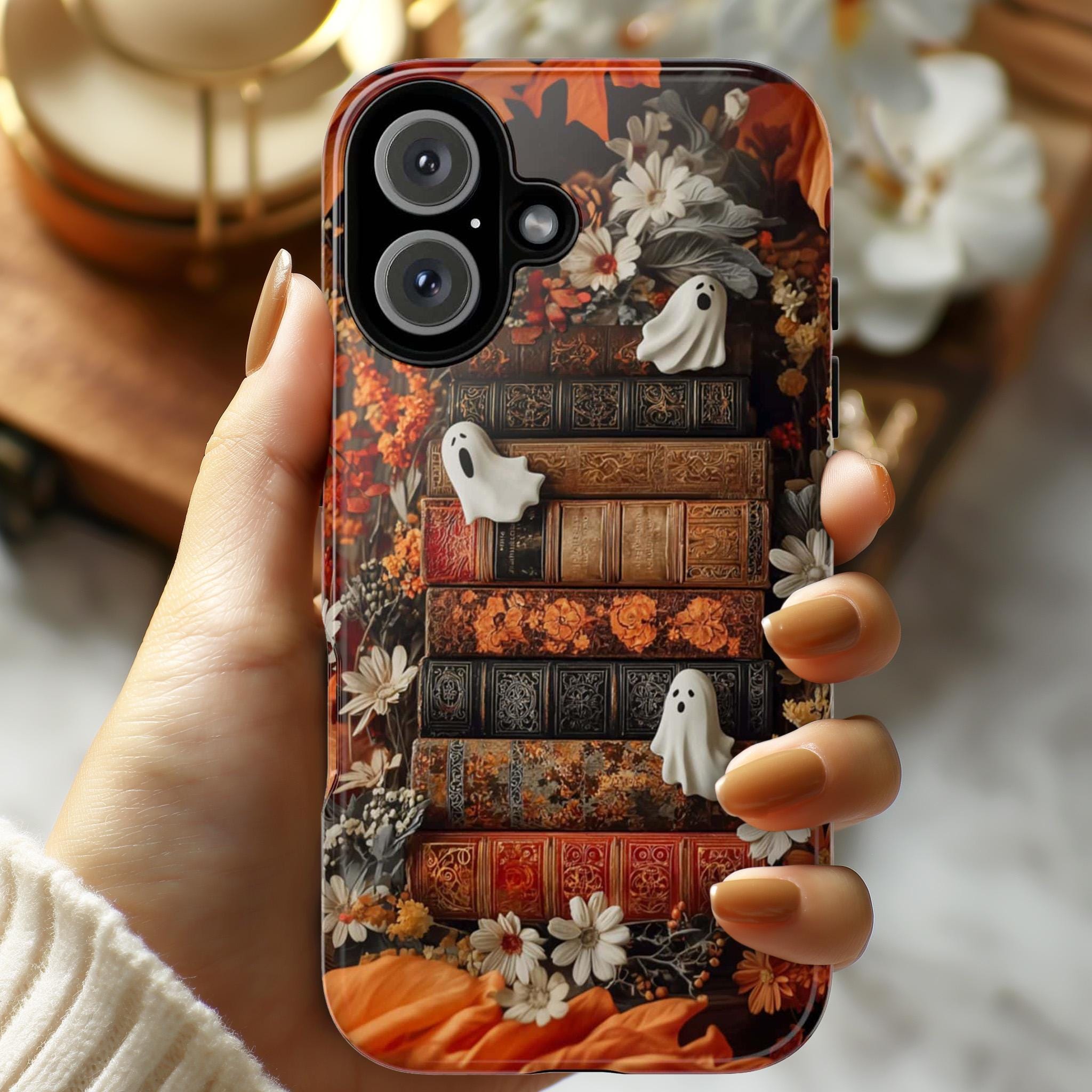 Cute Ghosts & Bookshelf Phone Case | Autumn Halloween Floral Case, Cozy Spooky Cover for iPhone 16 15 Tough or Magsafe, Samsung, 475.24