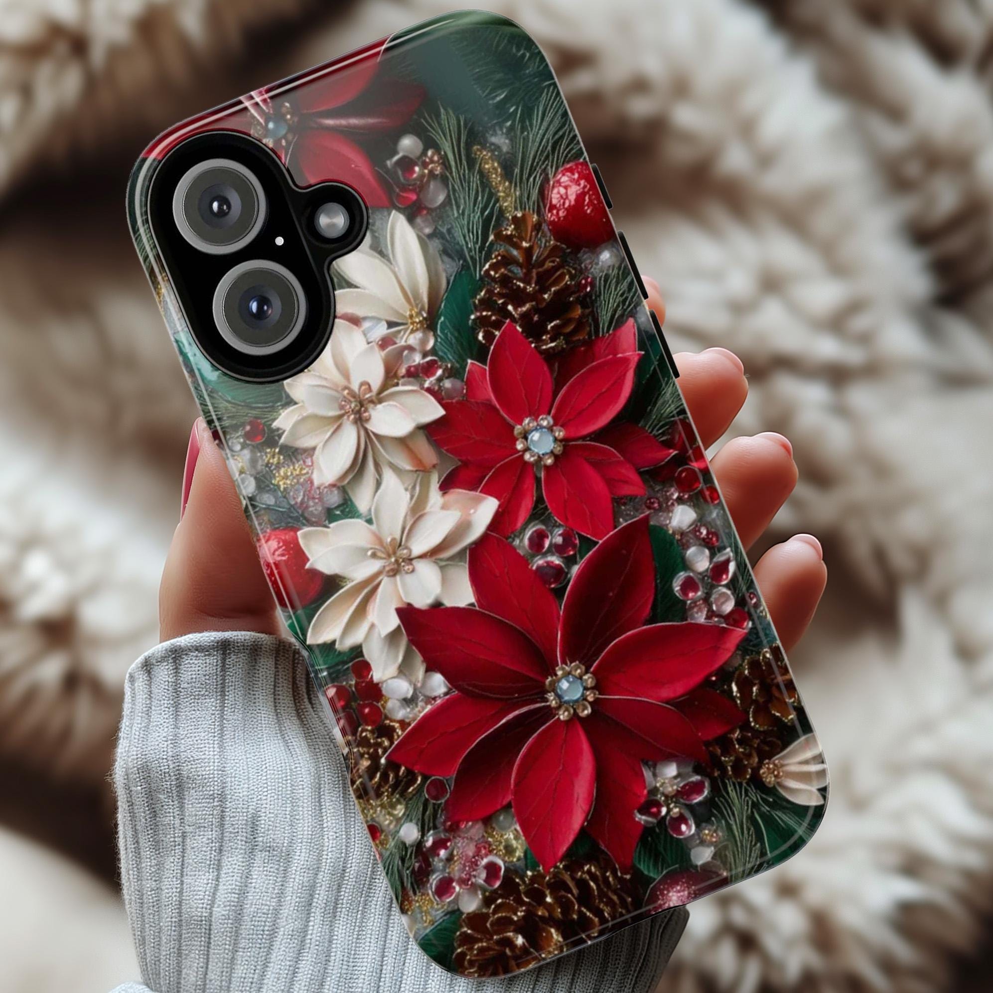 Christmas Poinsettia Phone Case, Festive Holiday Floral Cover for Tough Case or MagSafe for iPhone 17 16, Samsung, 481.8