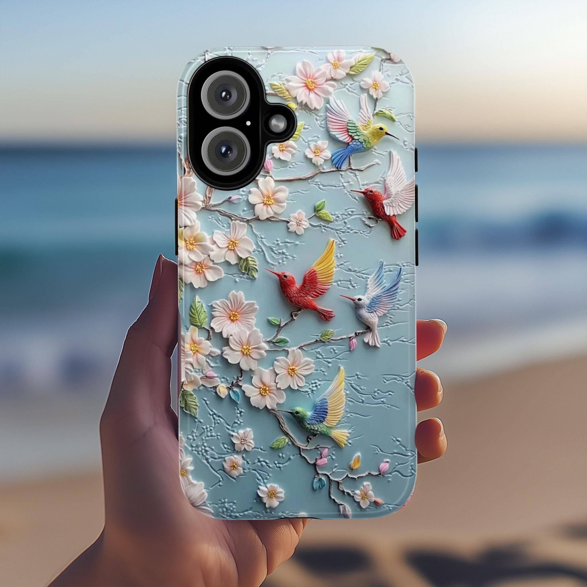 Colorful Hummingbird & Cherry Blossom Phone Case, Spring 3D Floral Design for iPhone 16, 15, 14, 13 Magsafe, Samsung S24, Pixel 9, 419.5
