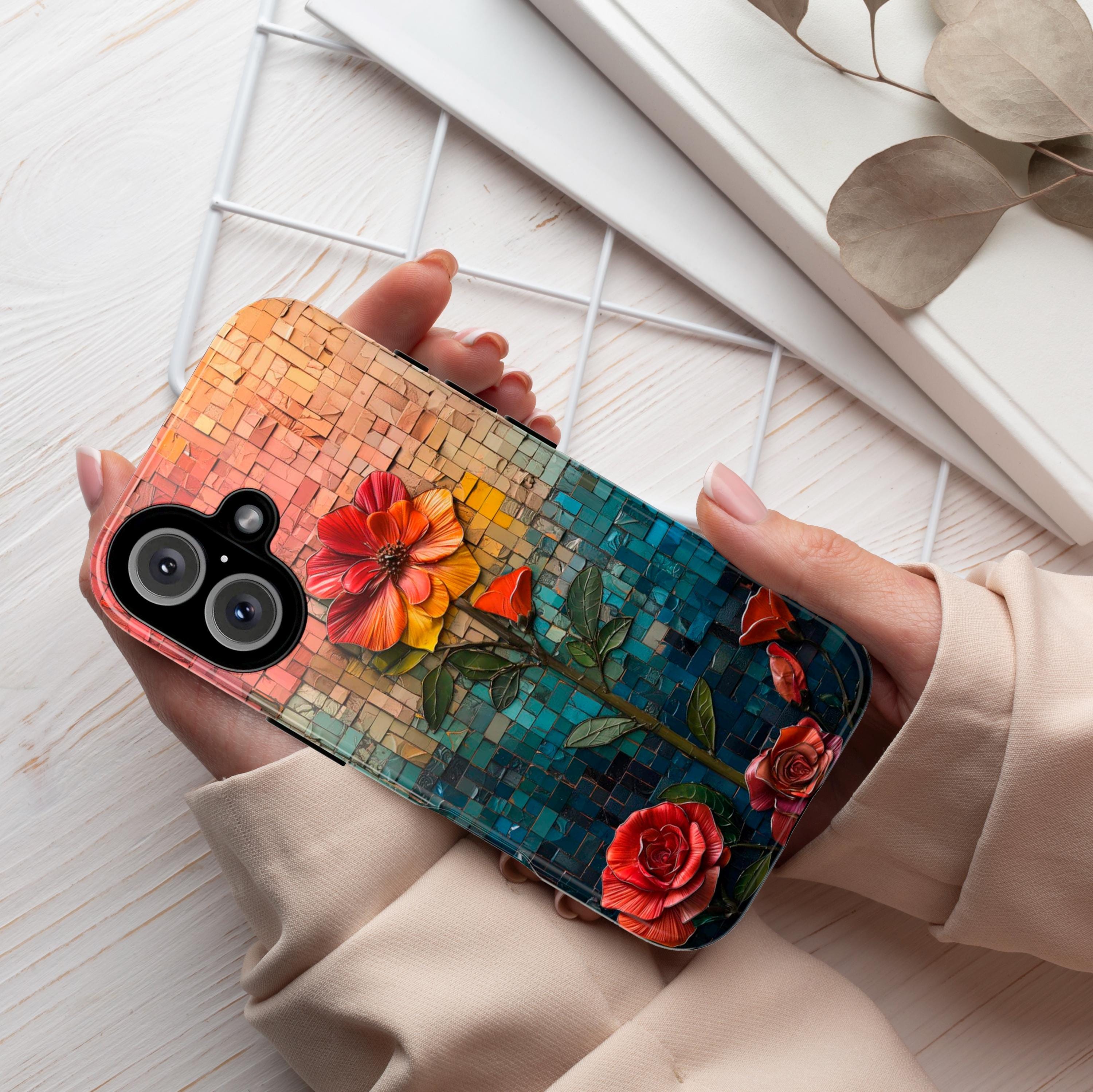 Mosaic Rainbow Floral Phone Case - Colorful Flower Artwork fit for iPhone 16 Pro Max 15 14 13 12 11 Plus, Samsung S24 Ultra S25, 418.1