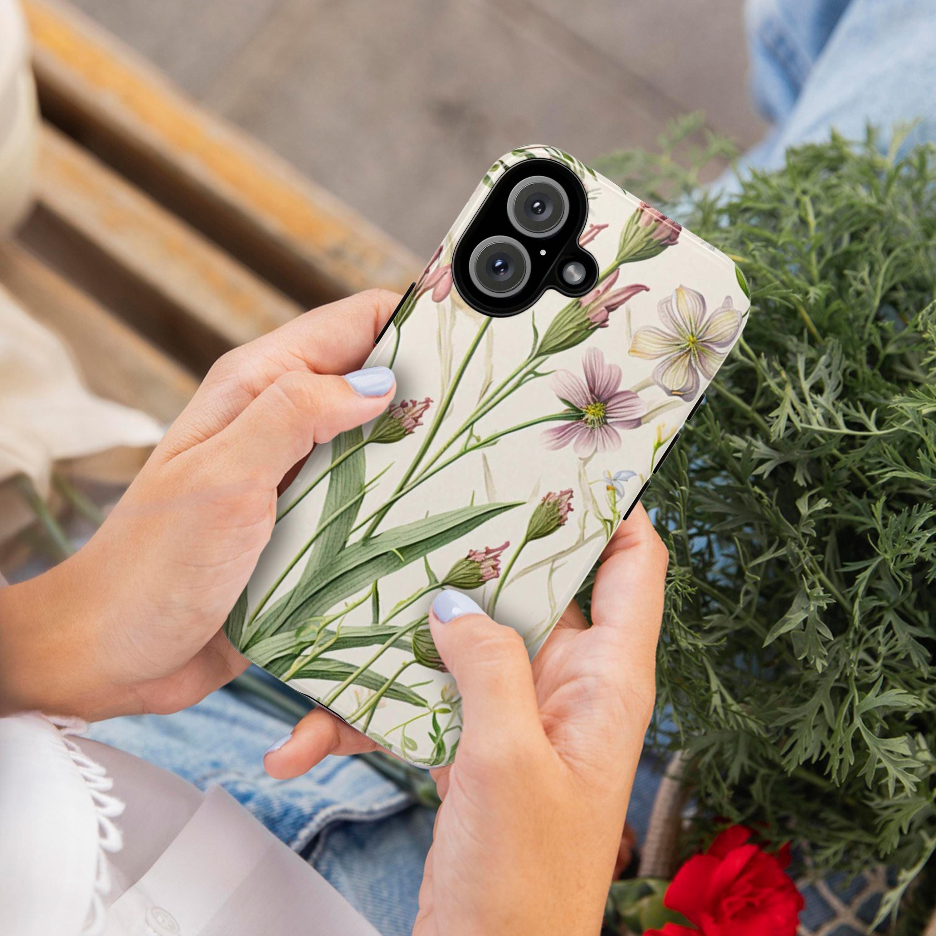 Botanical Floral Phone Case, Wild Flowers Spring Vibes Phone Cover with Ghost Leaves for iPhone 16 15 Pro Max Plus/Samsung S25, 0014.4