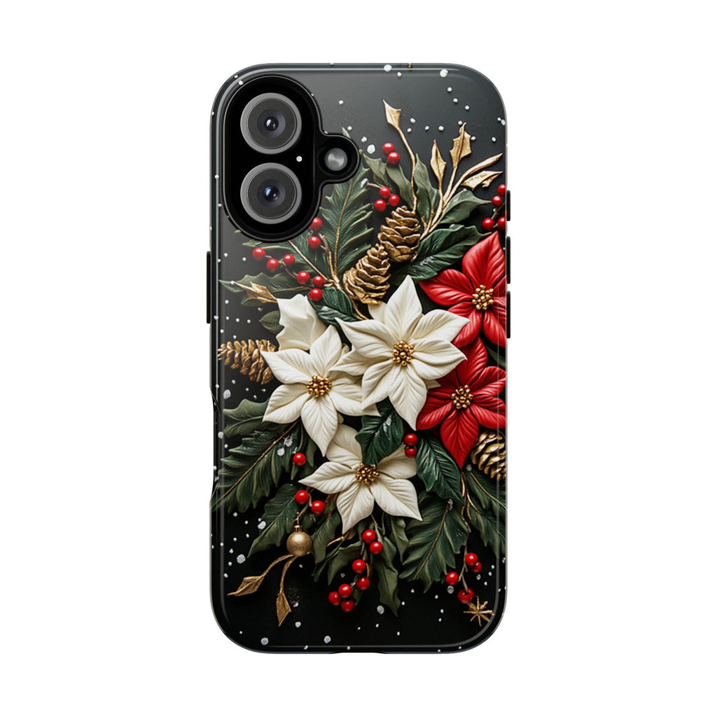 Poinsettia Floral Christmas Phone Case | Festive Red & White Floral 3D effect MagSafe for iPhone 16 15 14 13 Pro Max, Samsung S25, 433.11