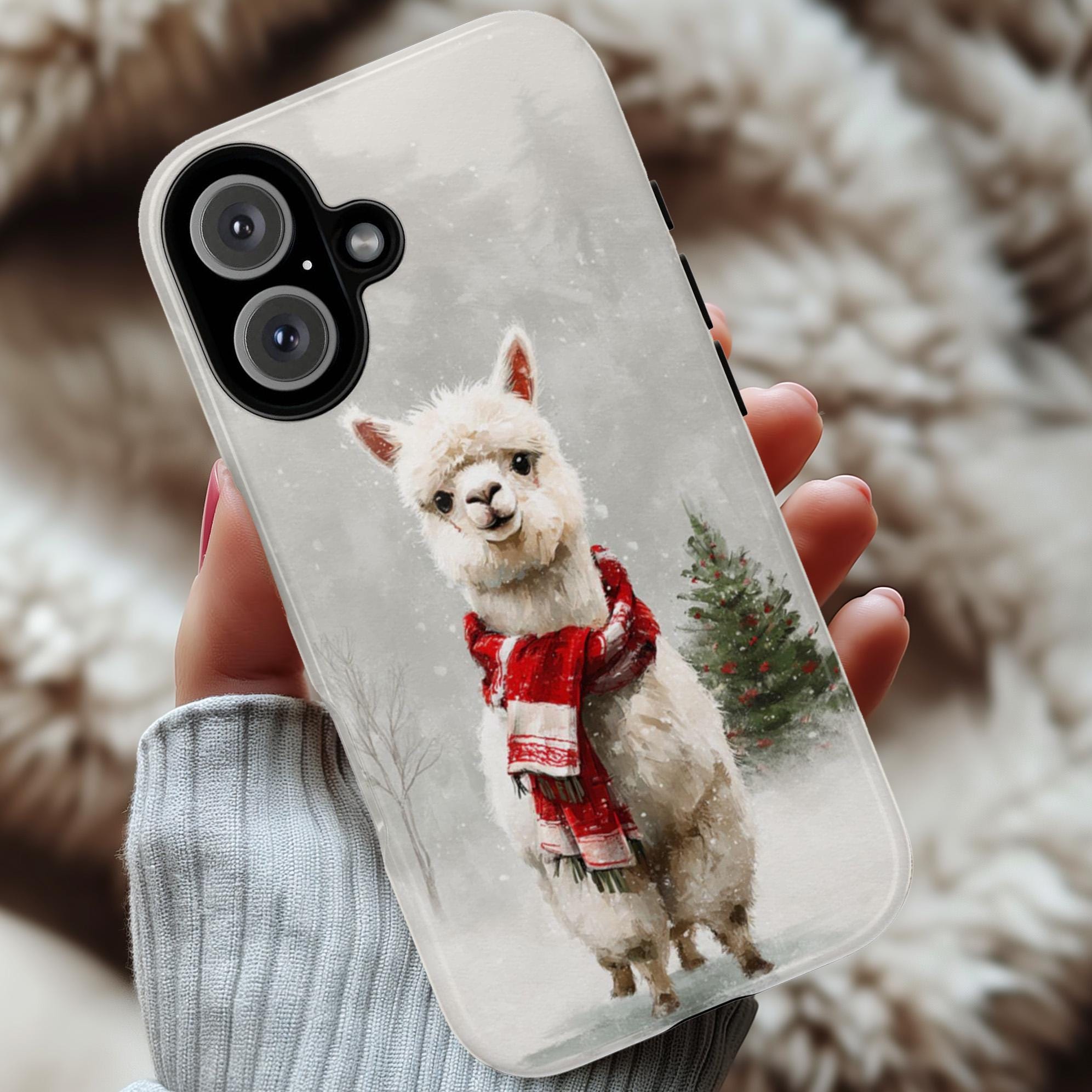Cute Christmas Alpaca Phone Case with Snowy Winter Design, Funny  Animal Holiday Llama for iPhone 16 15 14 Tough or Magsafe, Samsung, 440.8