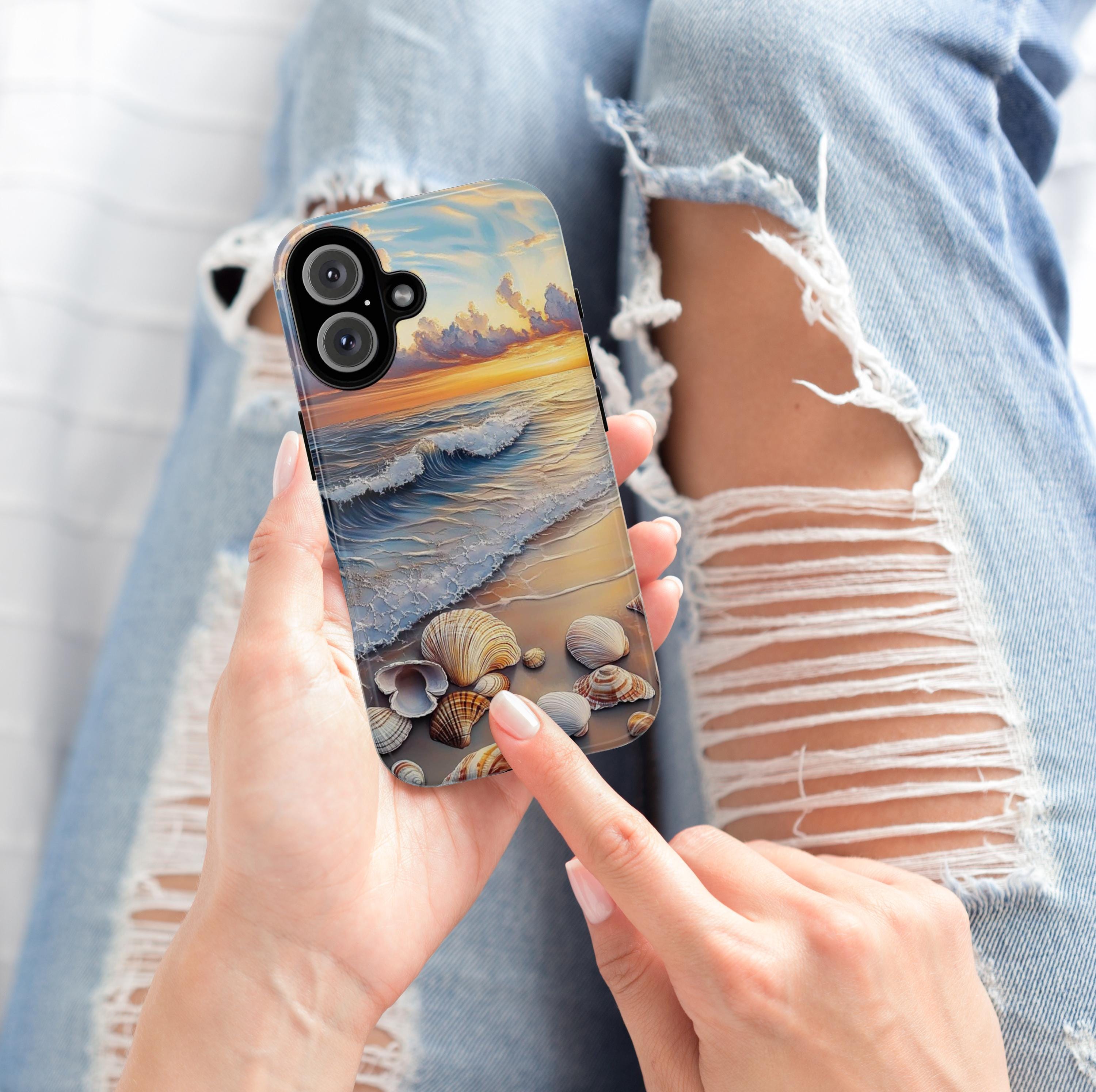 Ocean Sunset Seashell Wave Phone Cover, Coastal Beach Aesthetic Phone Case for iPhone 16, 15, 14, 13 Tough Magsafe, Samsung S25, 455.15