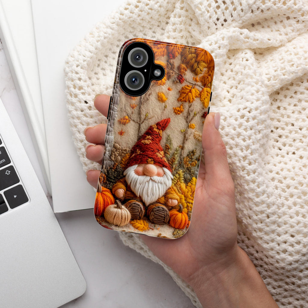 Fall Gnome Embroidery MagSafe Phone Case, Cozy Autumn Design with Fall Leaves and Pumpkins Case iPhone 16 15 14 13 12 / Samsung S24, 452.2