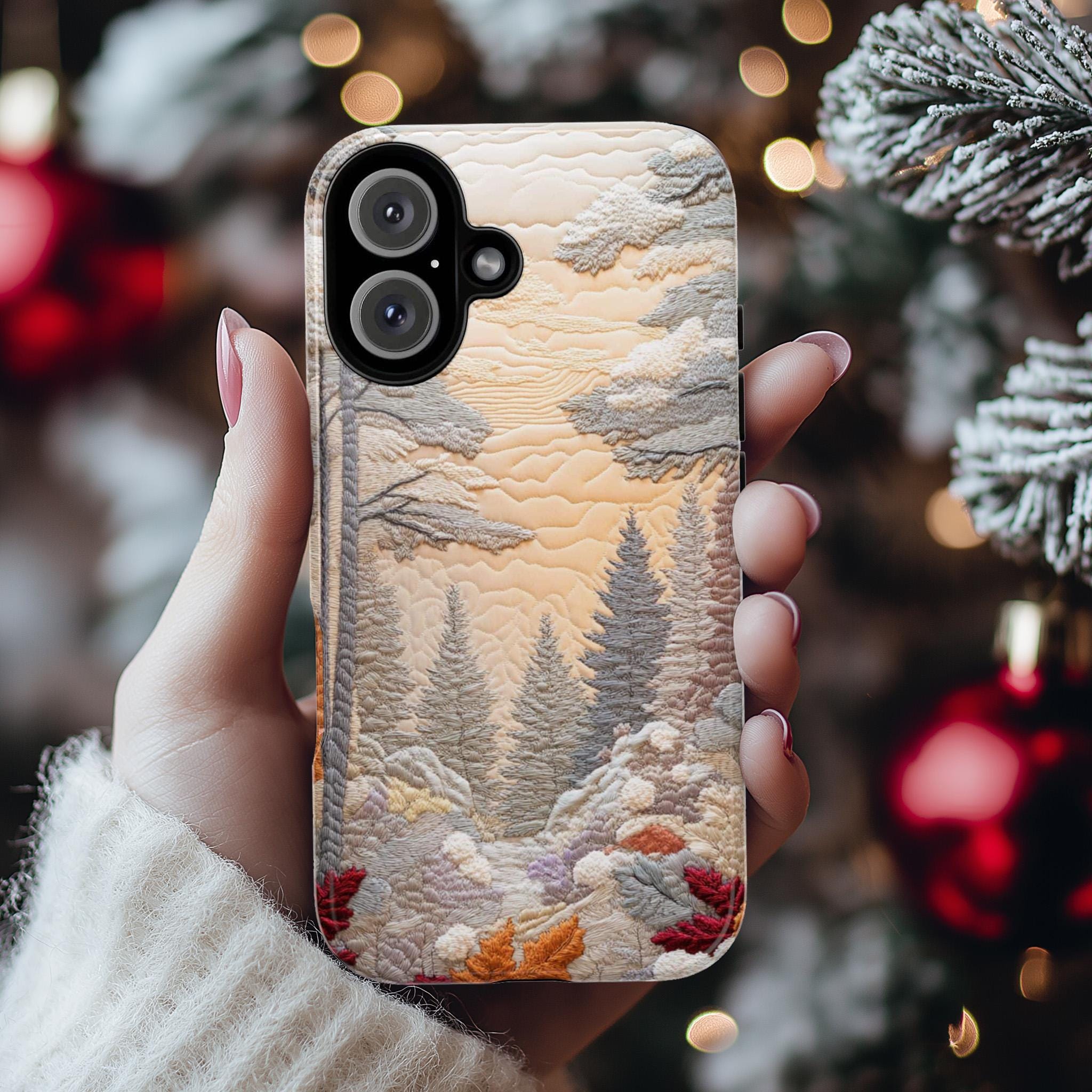 Winter Landscape Patchwork MagSafe Phone Case, Cozy Snowy Design with Winter Forest & Sunset Case for iPhone 16 15 14 13, Samsung S24, 453.8
