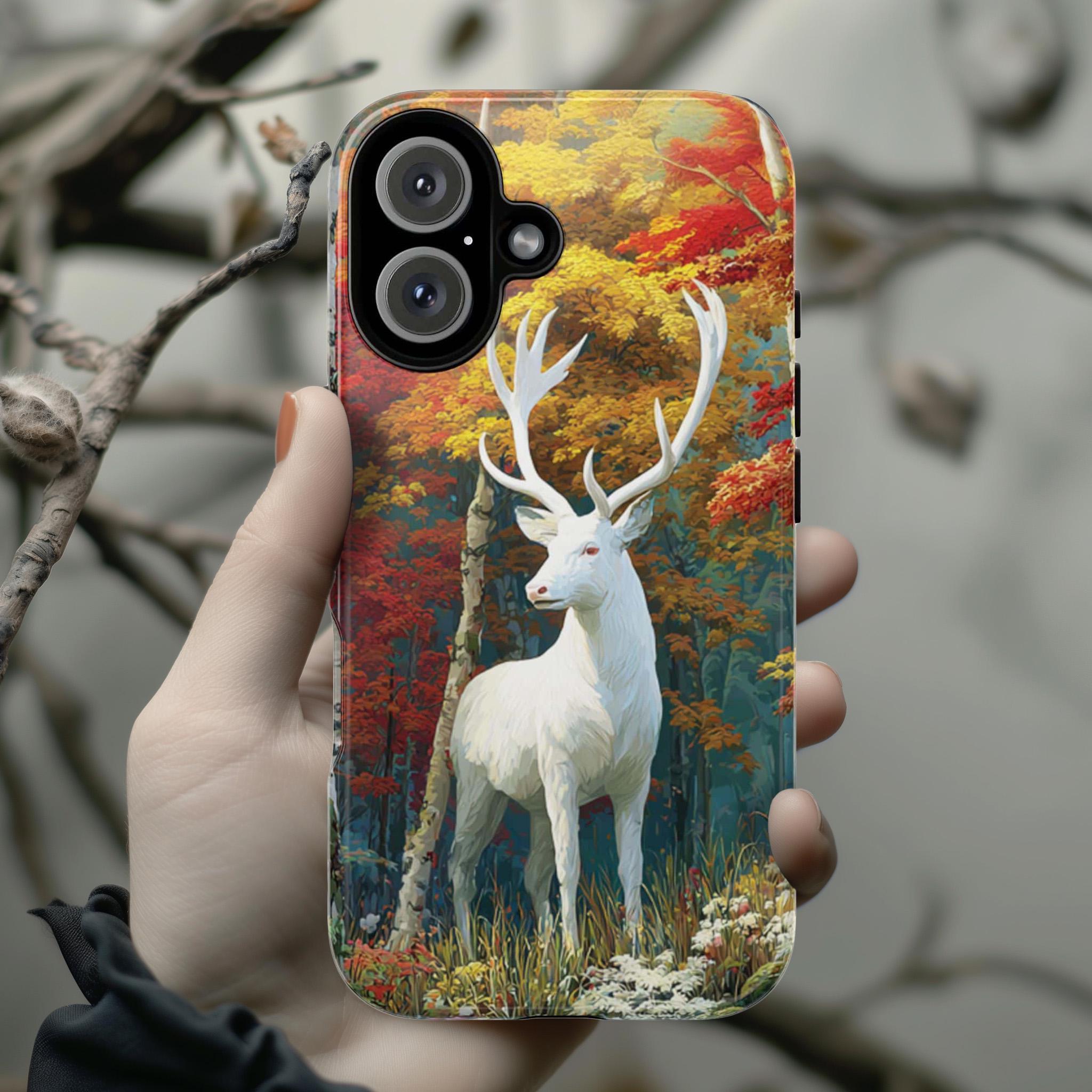 Fall Forest Phone Case with Deer and Vibrant Autumn Leaves, Nature Cozy Autumn Phone Case for iPhone 16 15 Tough or Magsafe, Samsung, 480.1