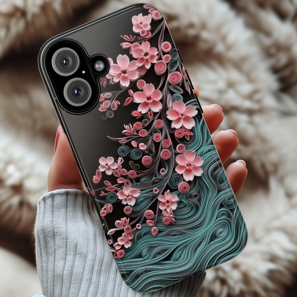 Pink Cherry Blossom Wave Phone Case, Floral Japanese Style Art, Sakura Flower for iPhone 16 15 14 Tough or Magsafe, Samsung S25, 469.9