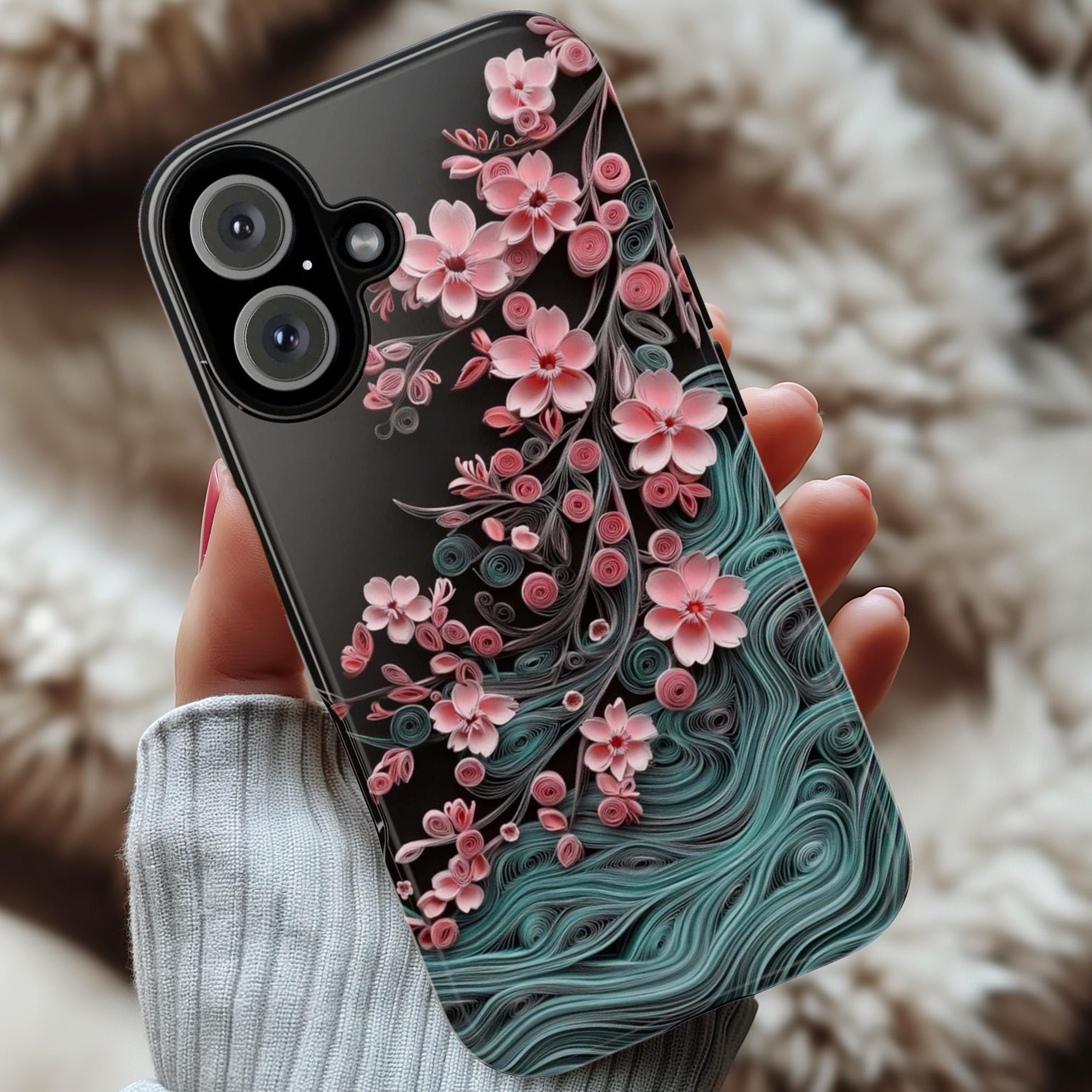 Pink Cherry Blossom Wave Phone Case, Floral Japanese Style Art, Sakura Flower for iPhone 16 15 14 Tough or Magsafe, Samsung S25, 469.9