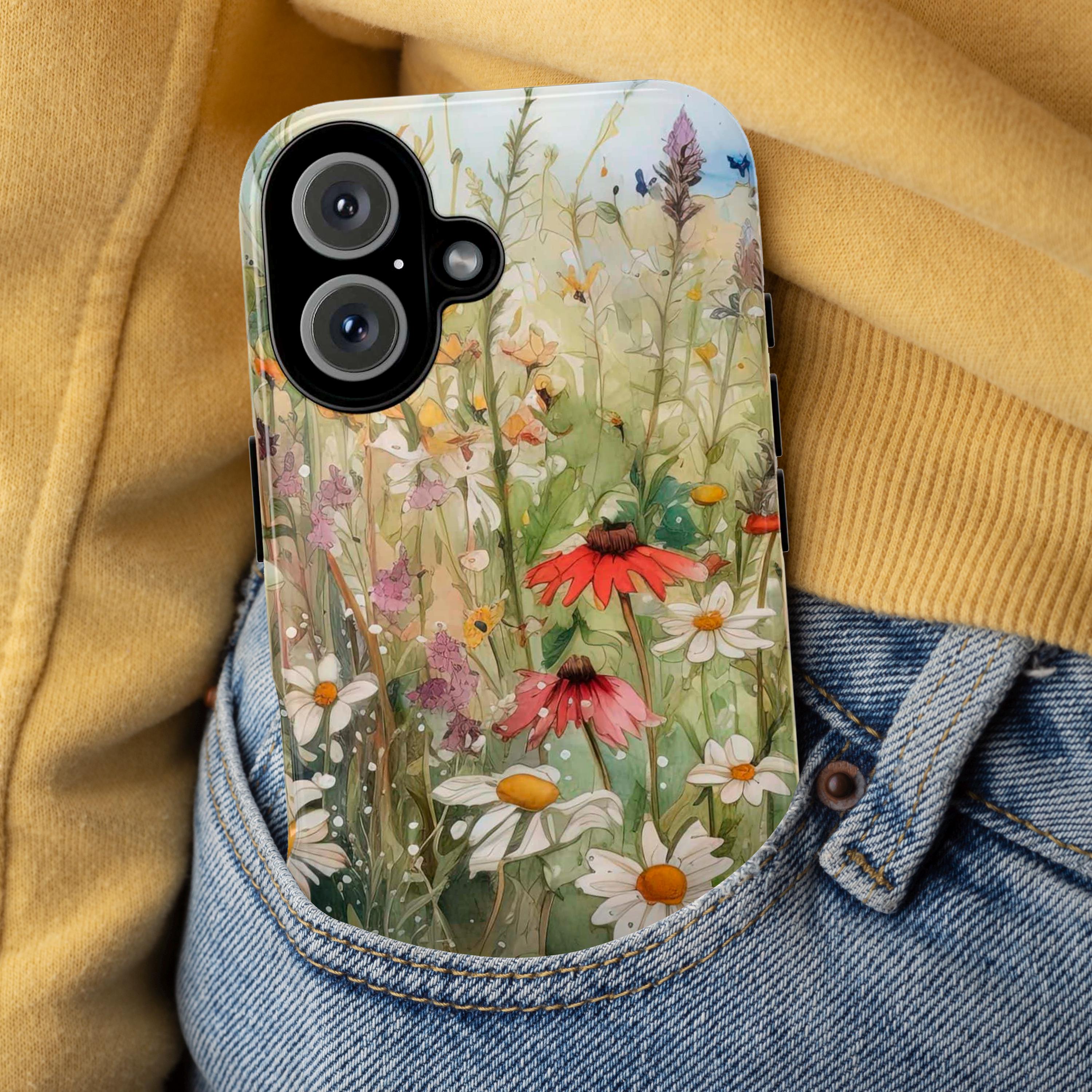 Floral Painting Phone Case, Watercolor Cottage Design, Meadow Floral Cover for iPhone 16 15 Magsafe, Samsung Galaxy S25, Pixel 9, 21.1