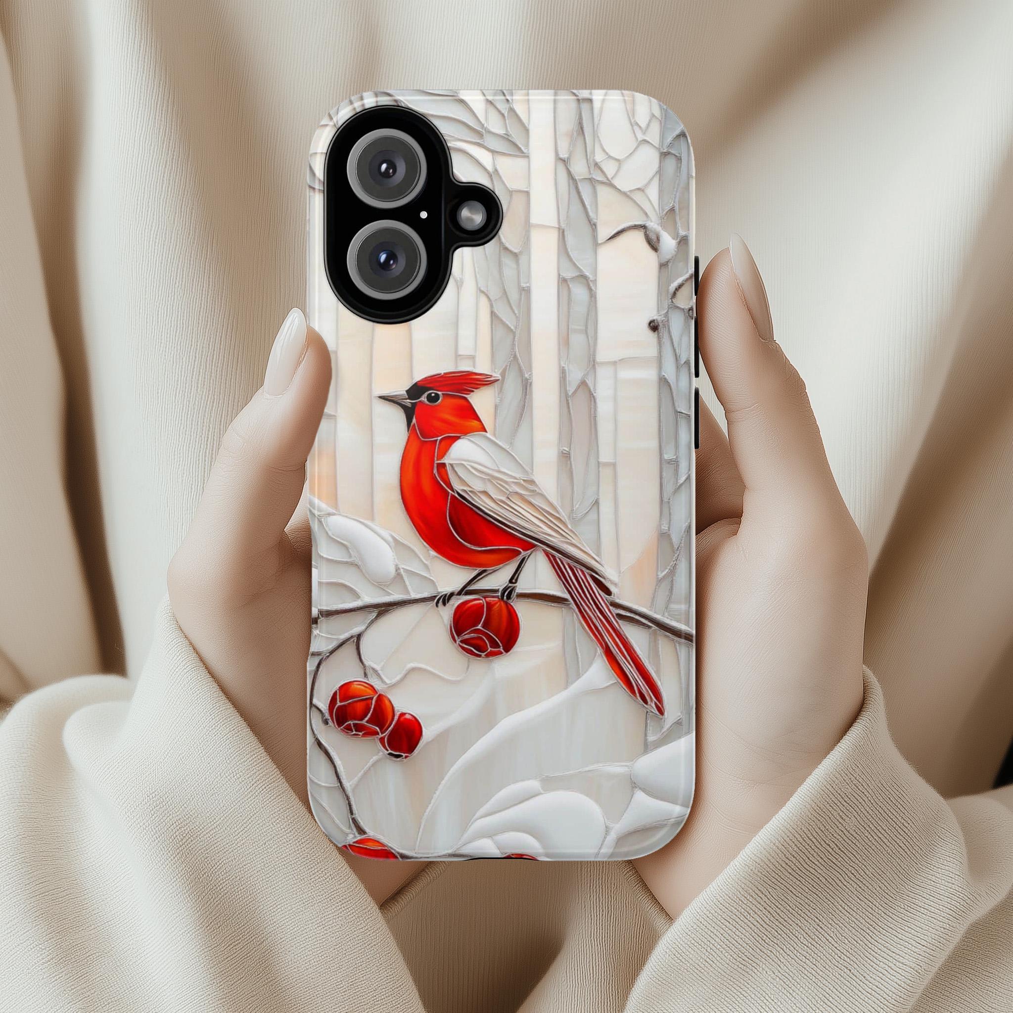 Stained Glass Winter Holiday Phone Case| Red Bird & Floral Design MagSafe for iPhone 16 15 14 13 Pro Max Plus, Samsung S24 Ultra, 420.9
