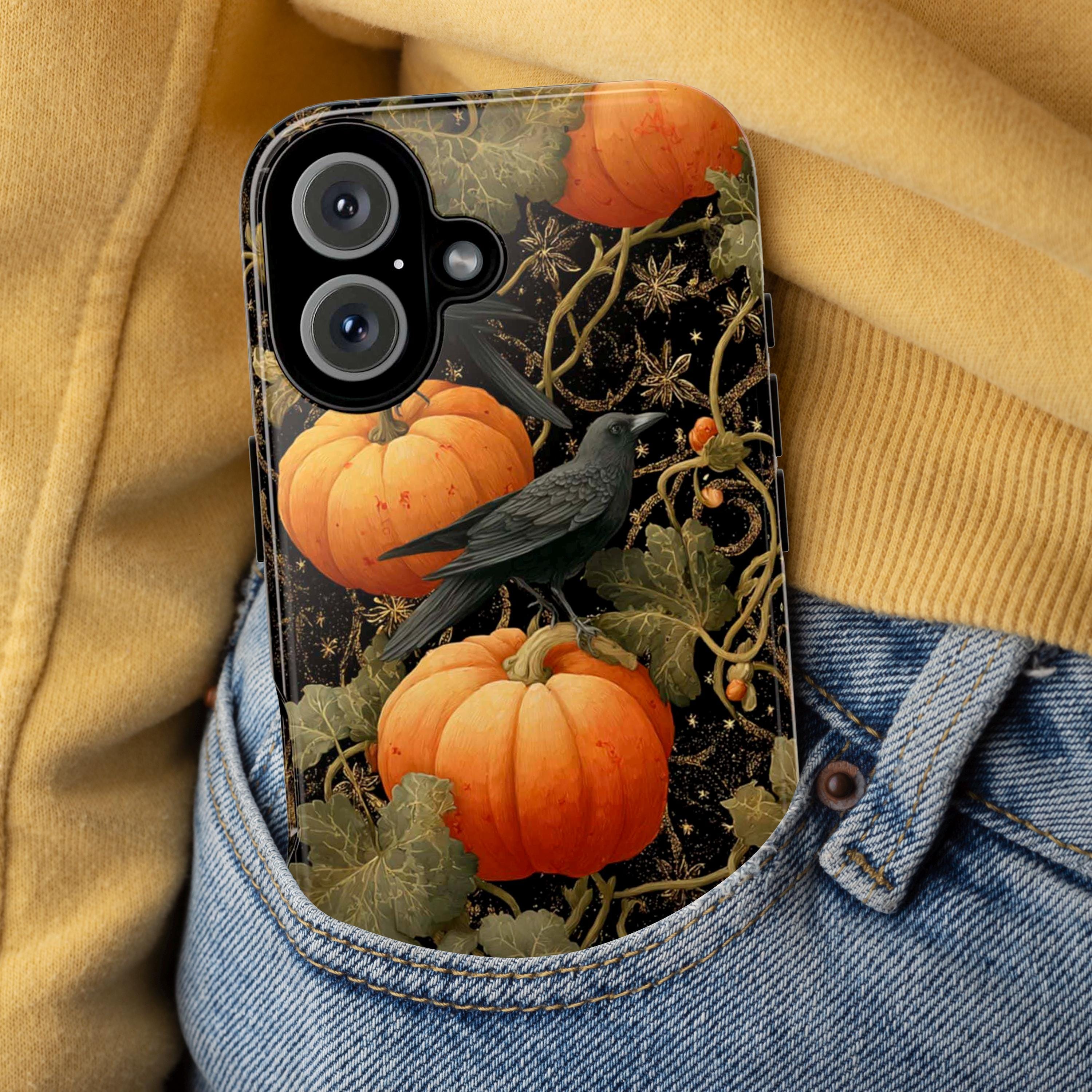 Halloween Phone Case, Pumpkins & Crows with Vine Tendrils Cover, Gothic Fall Vibes for iPhone 16 15 14 Tough or Magsafe, Samsung, 475.10