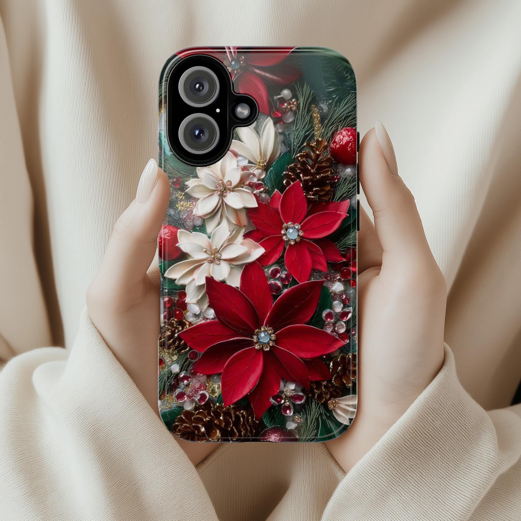Christmas Poinsettia Phone Case, Festive Holiday Floral Cover for Tough Case or MagSafe for iPhone 17 16, Samsung, 481.8