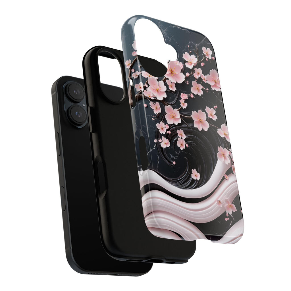 Pink Cherry Blossom 3D Elegant Phone Case, Black Pink Japanese Art Cover, Floral Sakura Case for iPhone 16 15 14 Magsafe, Samsung S25, 469.5