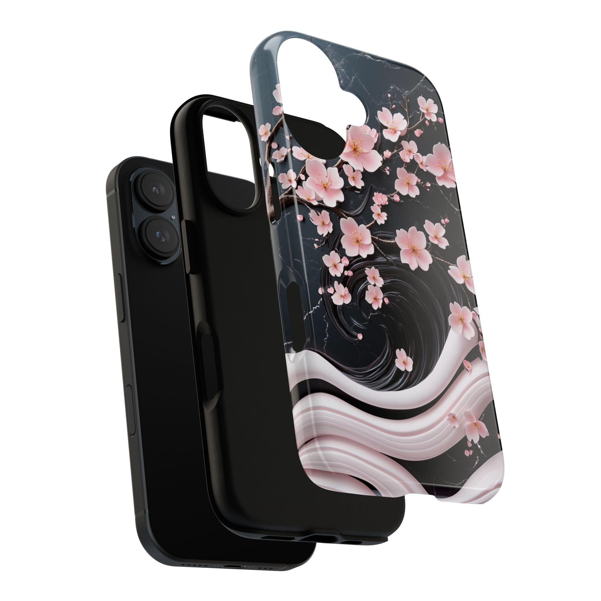 Pink Cherry Blossom 3D Elegant Phone Case, Black Pink Japanese Art Cover, Floral Sakura Case for iPhone 16 15 14 Magsafe, Samsung S25, 469.5