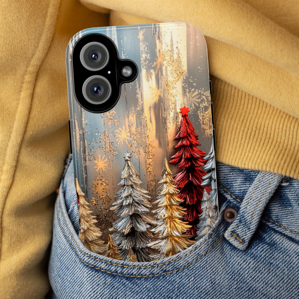 Cozy Christmas 3D Glitter effect Phone Case, Gold Silver Xmas Pine Tree MagSafe for iPhone 16 15 14 13 Pro Max Plus, Samsung S25, 437.1