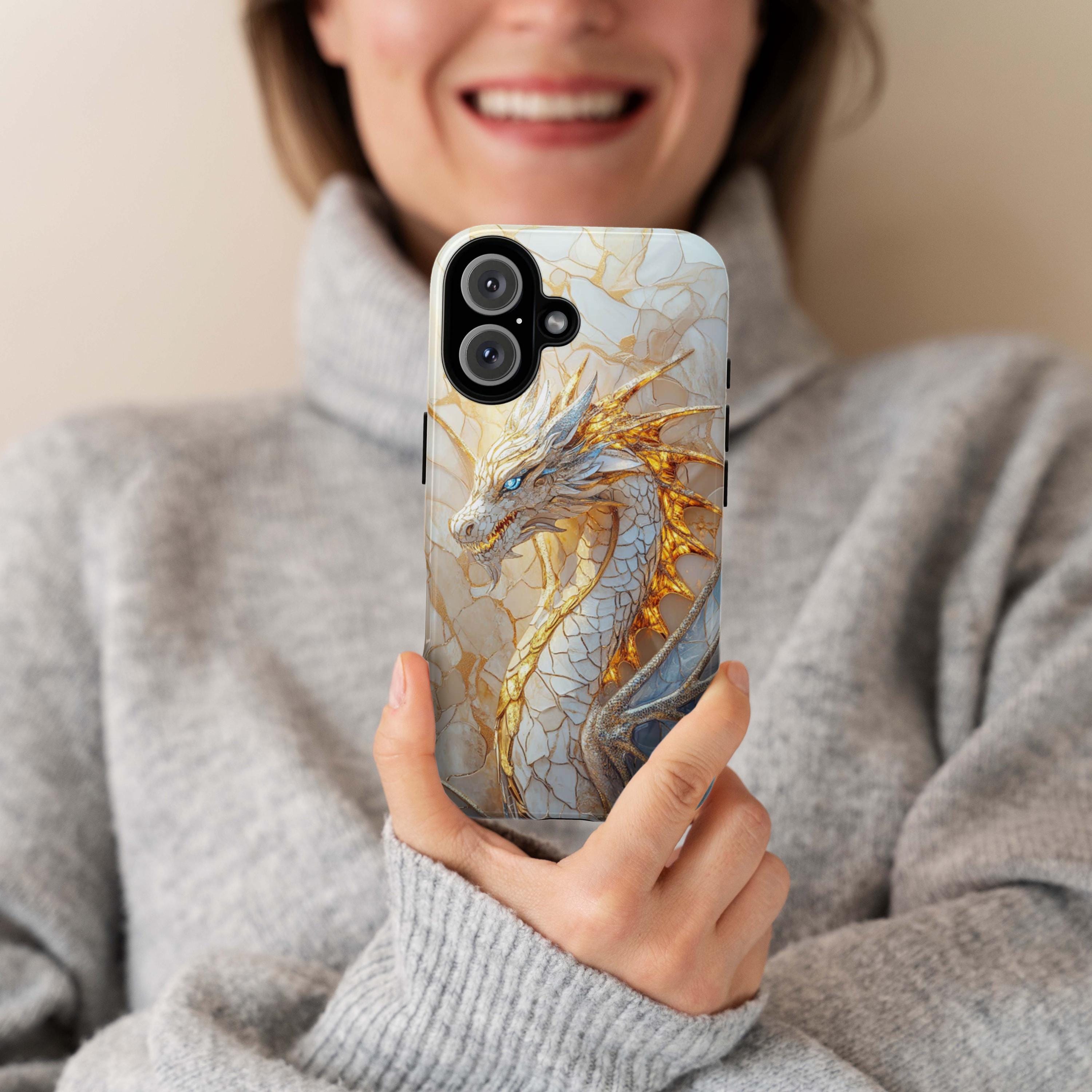 Fantasy White Dragon Stained Glass Phone Case, Gothic Mystical Mosaic Dragon Cover for iPhone 16, 15, Samsung Galaxy S24, 421.8