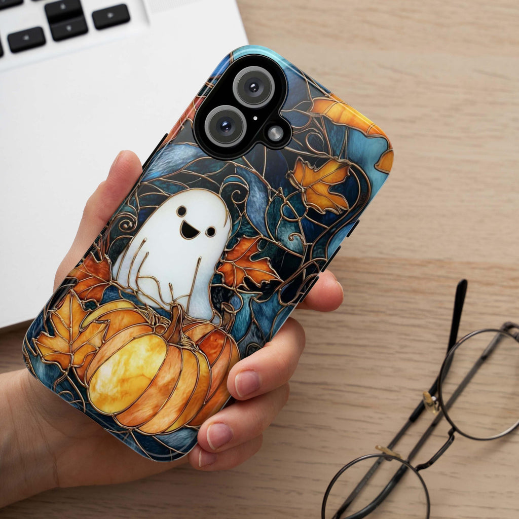 Cute Ghost Halloween Phone Case with Pumpkins | Autumn Leaves Stained Glass Style Cover for iPhone 17 16 Tough or Magsafe, Samsung, 475.26