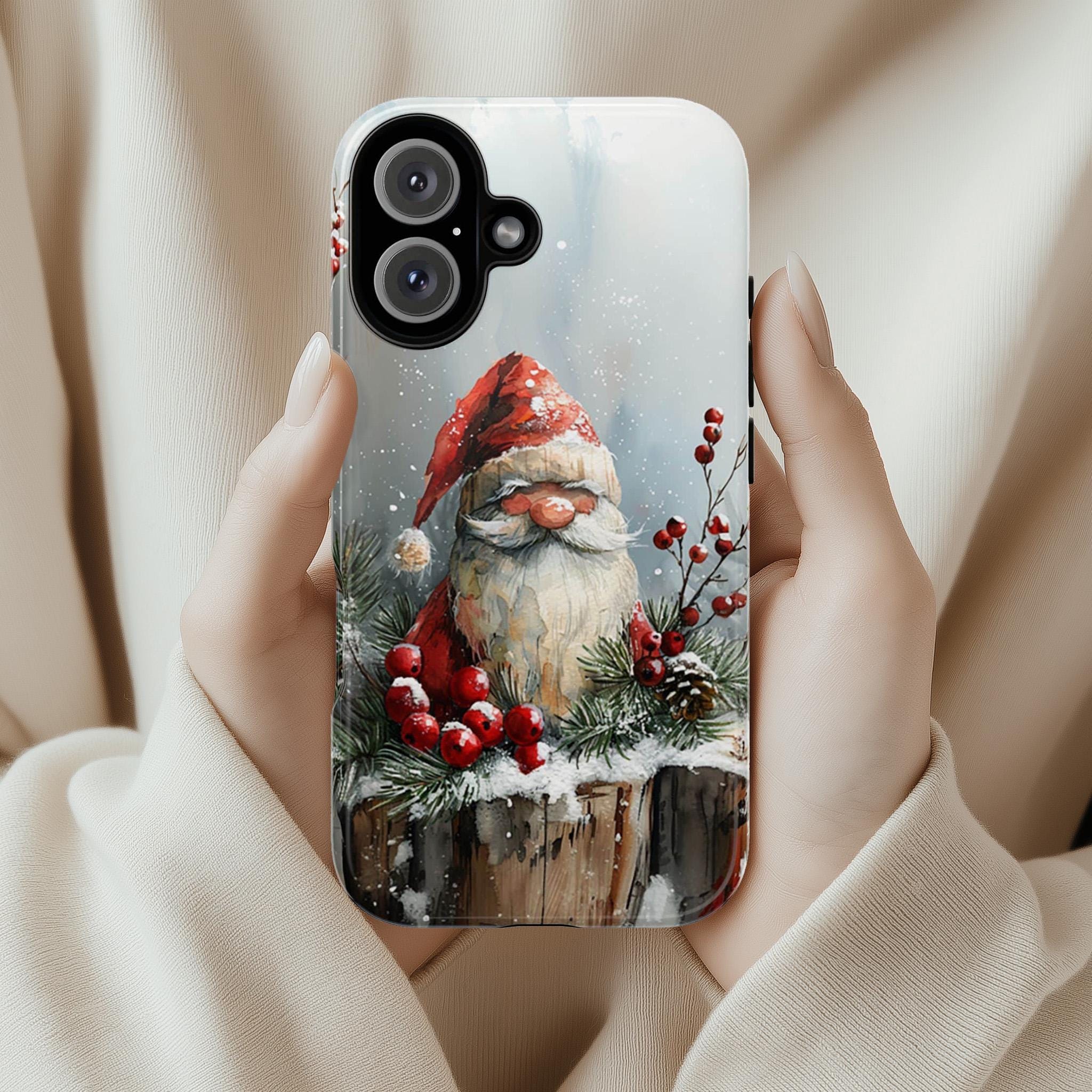 Cozy Watercolor Xmas Holiday Gnome Phone Case, Christmas Gnome & Snowy Winter Forest for iPhone 15 14 13 12 Pro Max Plus, Galaxy S25, 427.9